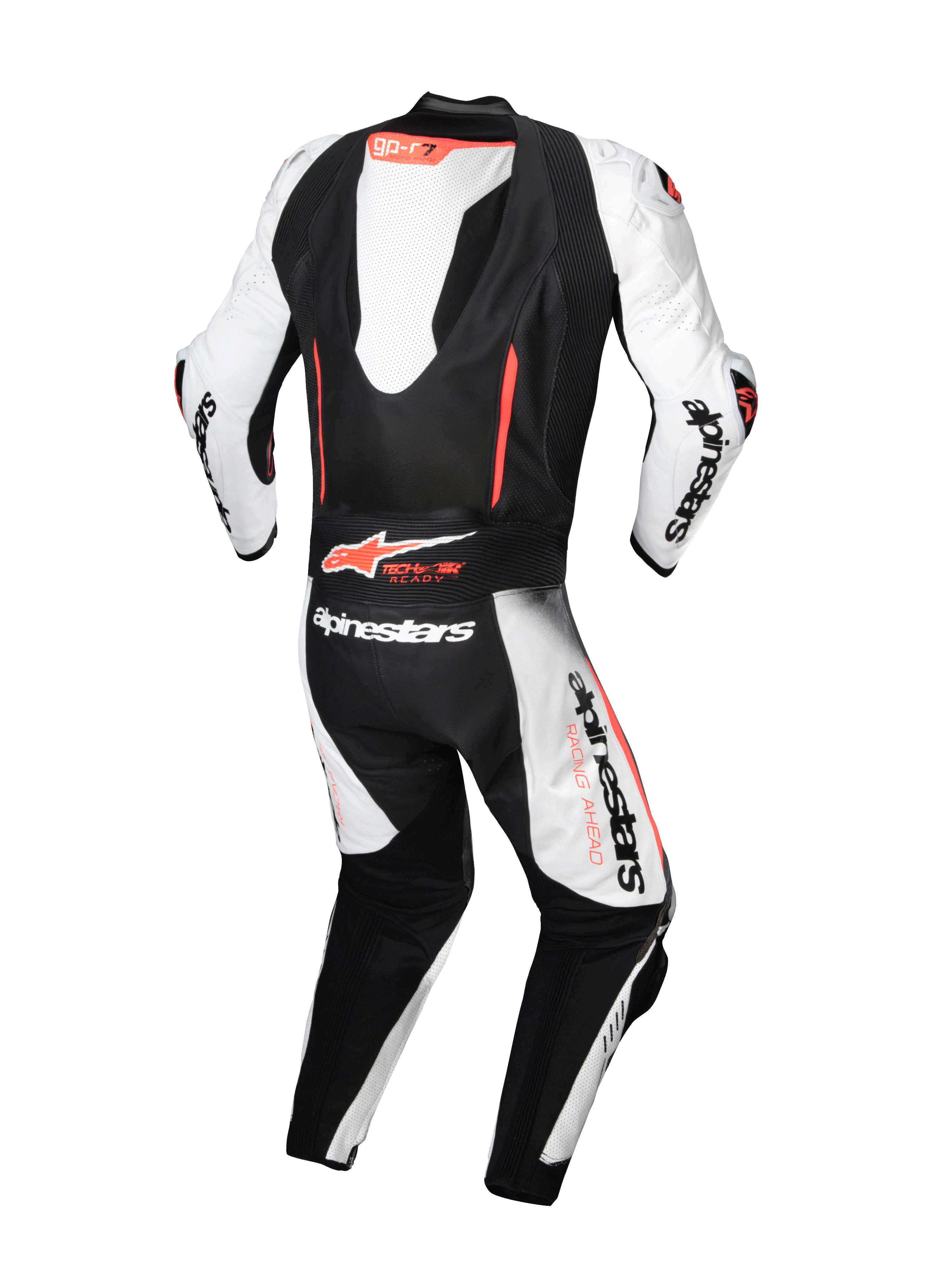 Alpinestars GP-R7 1-Piece Leather Suit, white and black motorcycle racing suit, Tech-Air ready with aerodynamic back hump.