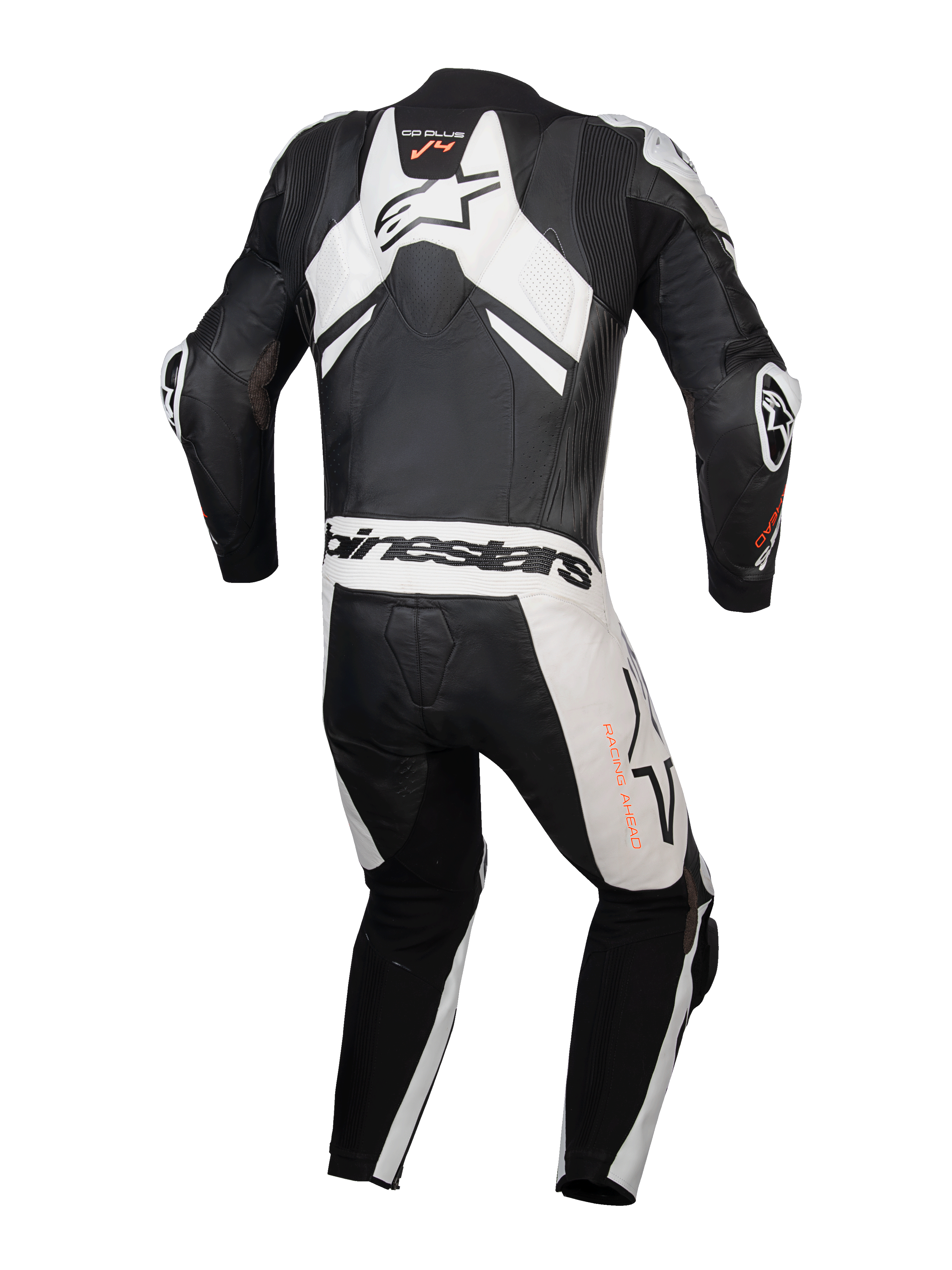 Alpinestars GP Plus V4 Sprint Leather Suit, men's 1PC motorcycle racing suit, black and white leather with aero hump.