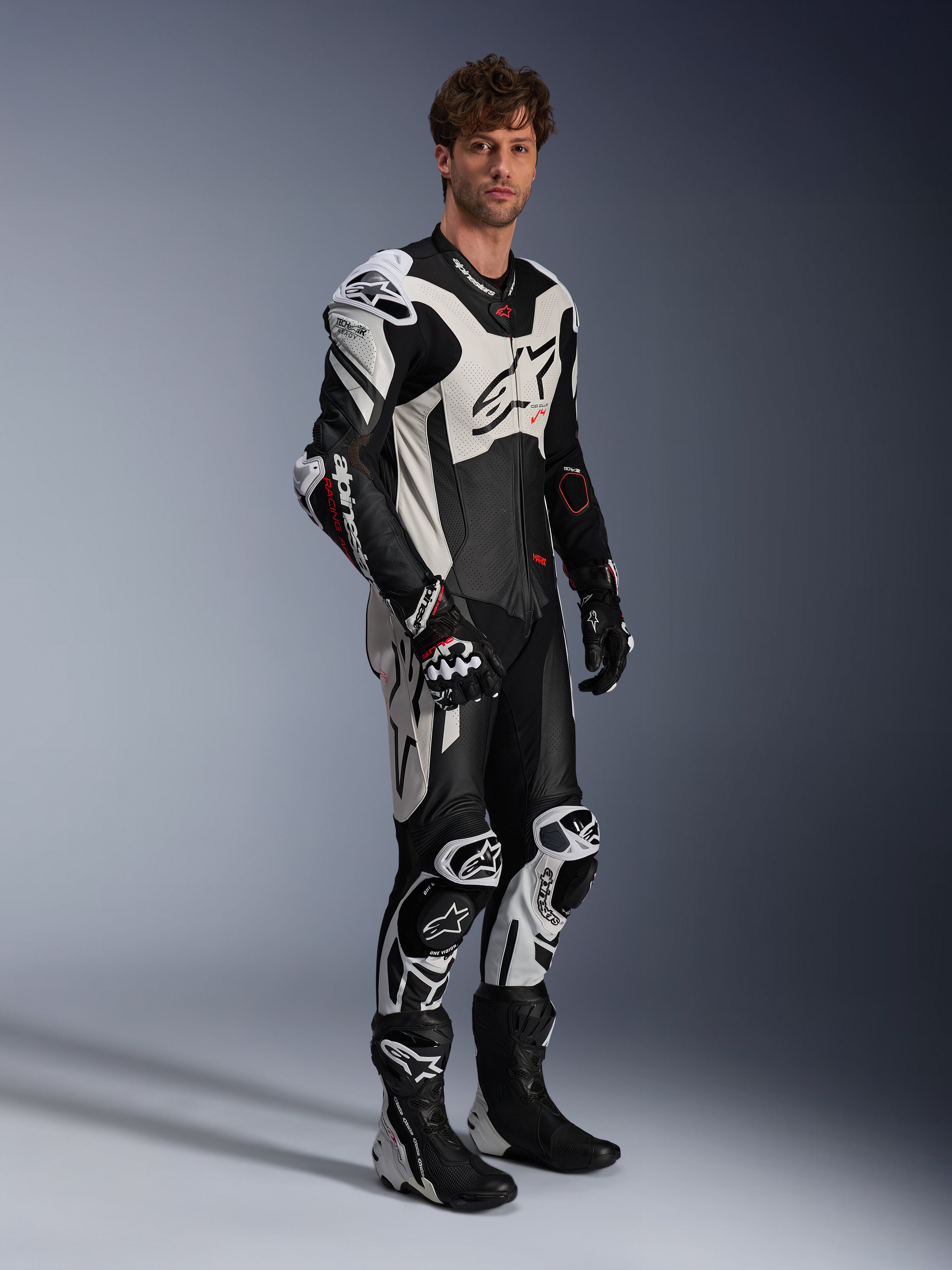 Alpinestars GP Plus V4 Sprint 1 Piece Leather Suit, Black, White, and Red Fluo, Tech-Air Ready men's motorcycle racing gear.