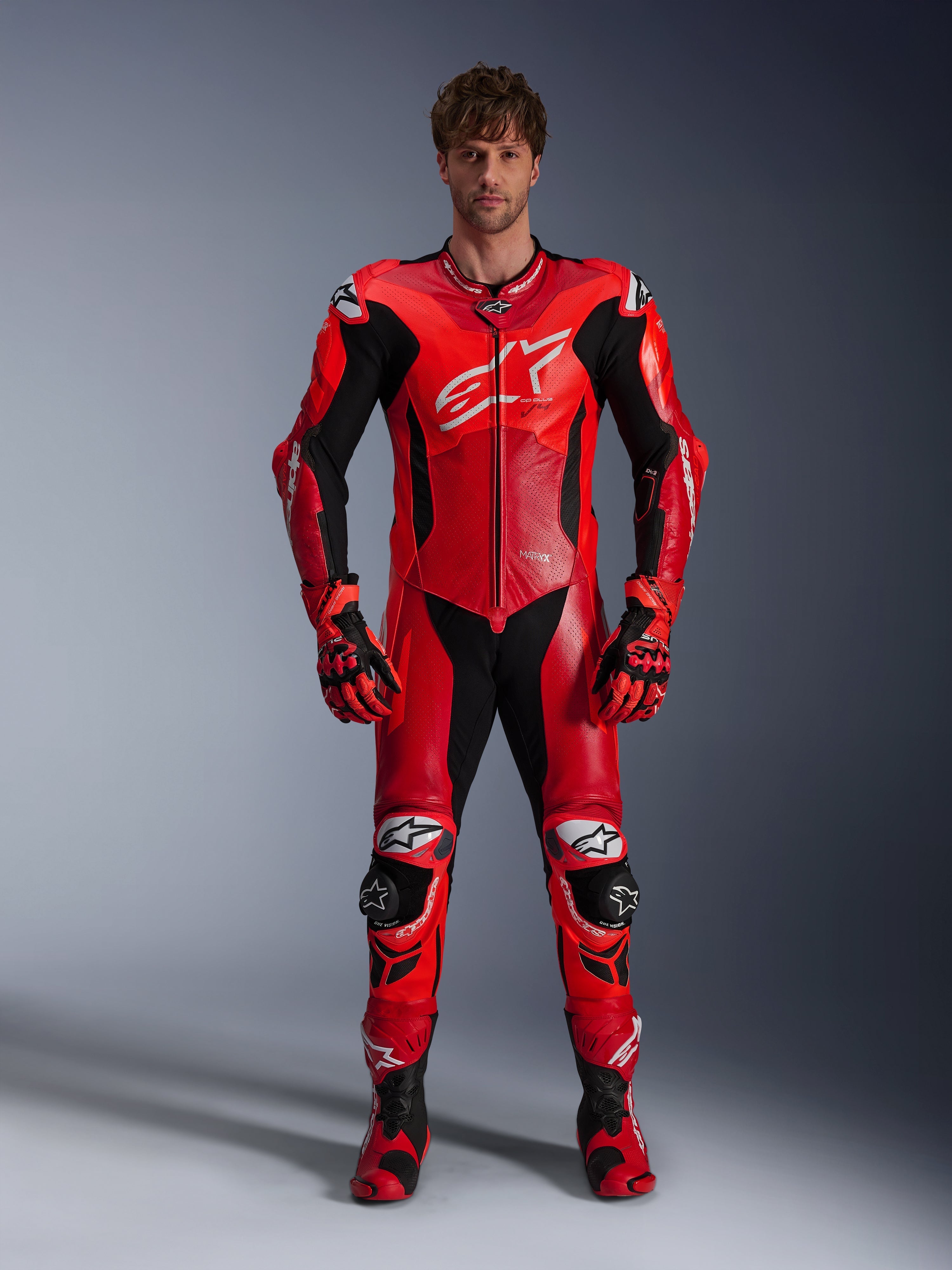 Alpinestars GP Plus V4 Sprint 1 Piece Leather Suit, Red and Black motorcycle racing suit for men, Tech-Air ready.