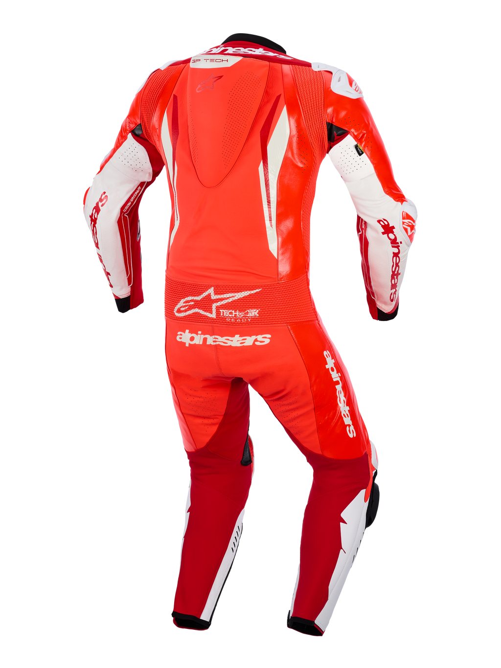 Alpinestars GP Tech V5 One Piece Leather Suit, Red Fluo Bright Red and White, rear view showing aerodynamic speed hump, flexible accordion waist panel, and prominent white Alpinestars branding, professional racing apparel for motorcycle track use.