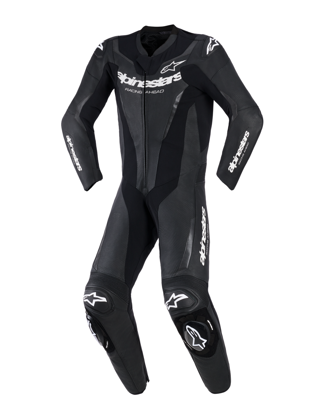 Alpinestars GP Force V2 Leather Suit - 1Piece, Black, professional one-piece motorcycle racing suit with white Alpinestars branding on chest and sleeves, perforated leather panels for ventilation, accordion stretch sections, and integrated knee sliders, front view.