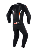 Alpinestars GP Force V2 Leather Suit 1-Piece, back view, Black White and Red Fluo, featuring an aerodynamic speed hump, perforated leather panels for ventilation, and Tech-Air Ready branding on the lower back, professional motorcycle racing gear.