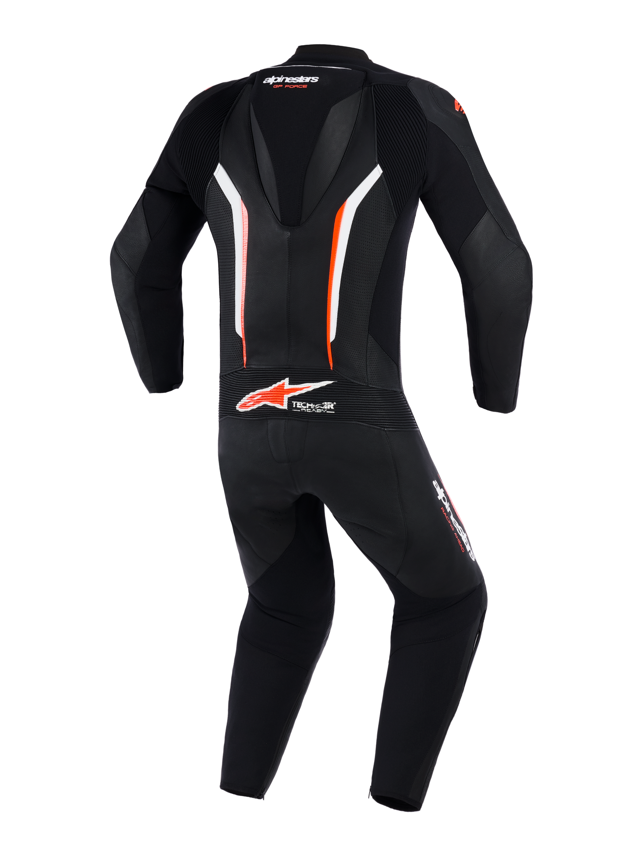 Alpinestars GP Force V2 Leather Suit 1-Piece, back view, Black White and Red Fluo, featuring an aerodynamic speed hump, perforated leather panels for ventilation, and Tech-Air Ready branding on the lower back, professional motorcycle racing gear.