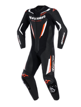 Alpinestars GP Force V2 Leather Suit, 1-Piece Motorcycle Racing Suit, Black White and Red Fluo, featuring perforated leather panels, white and fluorescent red accents, Alpinestars branding on chest and sleeves, professional track-ready design.