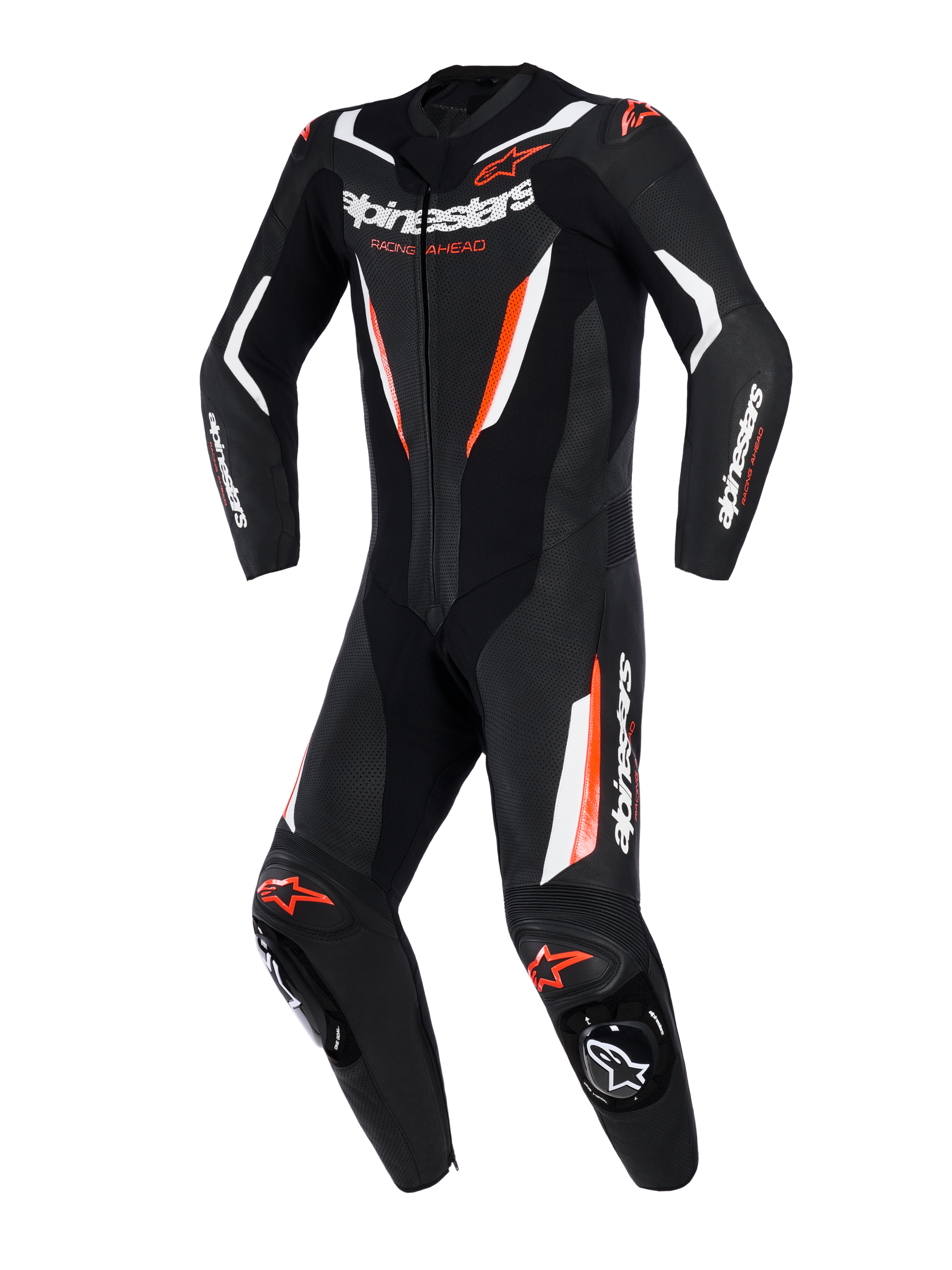 Alpinestars GP Force V2 Leather Suit, 1-Piece Motorcycle Racing Suit, Black White and Red Fluo, featuring perforated leather panels, white and fluorescent red accents, Alpinestars branding on chest and sleeves, professional track-ready design.