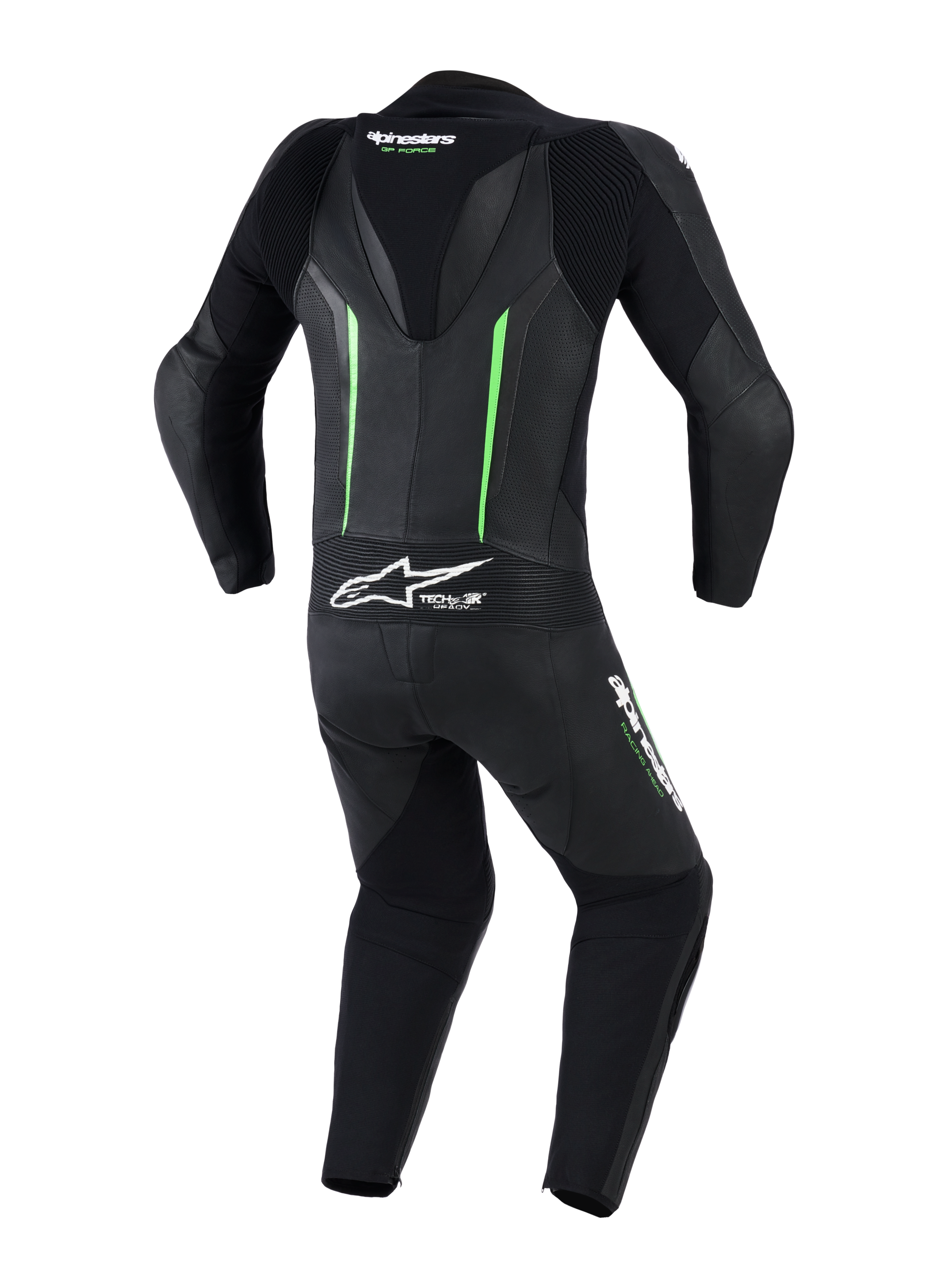Alpinestars GP Force V2 Leather Suit - 1Piece, Back view, Black with fluorescent green accents, featuring an aerodynamic speed hump, perforated leather panels, accordion stretch zones, and Tech-Air Ready branding, professional motorcycle racing gear