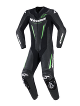 Alpinestars GP Force V2 Leather Suit - 1Piece, One-piece motorcycle racing suit, Black with neon green accents and white branding, featuring perforated leather panels, DFS Lite external sliders at shoulders and knees, and a dedicated sport-fit design.