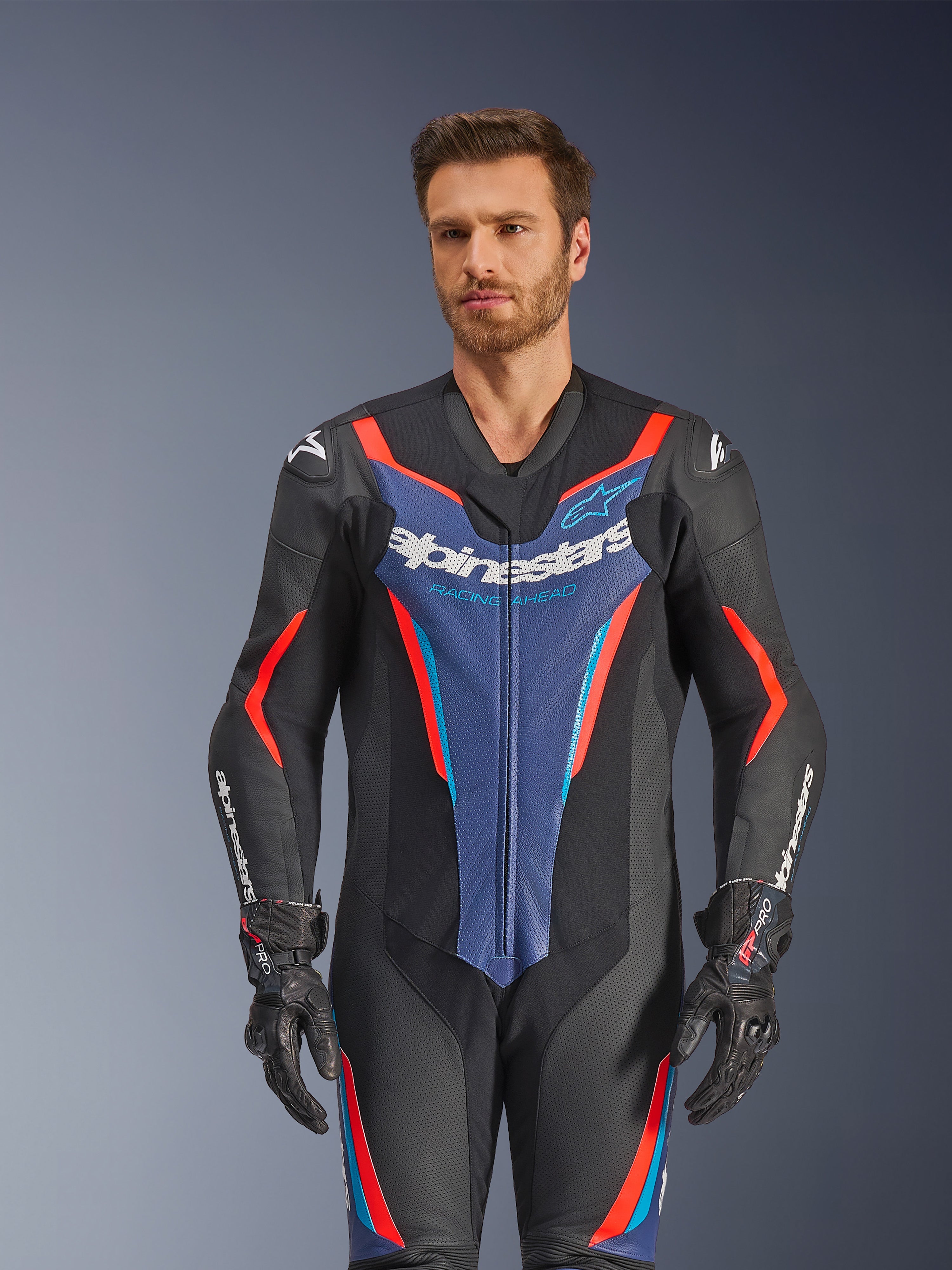 GP Force V2 Leather - Blue Motorcycle Suit | Alpinestars®