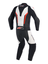 Alpinestars GP Force V2 Leather Suit - 1Piece, White Black and Red Fluo, back view showing aerodynamic speed hump, accordion leather expansion panels at the shoulders and lower back, perforated zones for ventilation, and Tech-Air Ready logo, professional racing suit for track performance