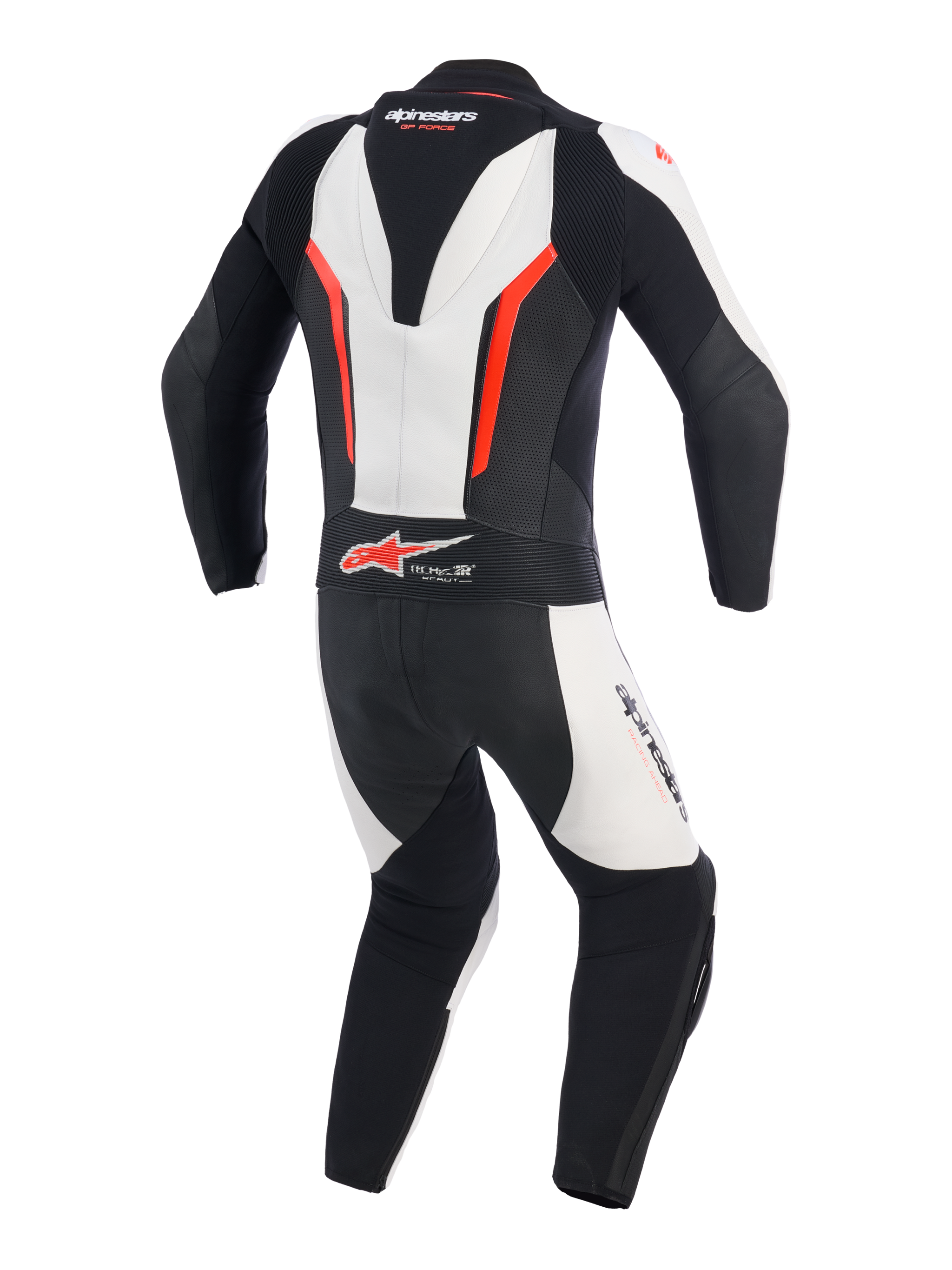 Alpinestars GP Force V2 Leather Suit - 1Piece, White Black and Red Fluo, back view showing aerodynamic speed hump, accordion leather expansion panels at the shoulders and lower back, perforated zones for ventilation, and Tech-Air Ready logo, professional racing suit for track performance