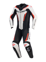 Alpinestars GP Force V2 Leather Suit - 1Piece, White Black and Red Fluo, one-piece motorcycle racing suit, front view, featuring perforated leather panels, Alpinestars branding on the chest and shoulders, and integrated knee sliders.