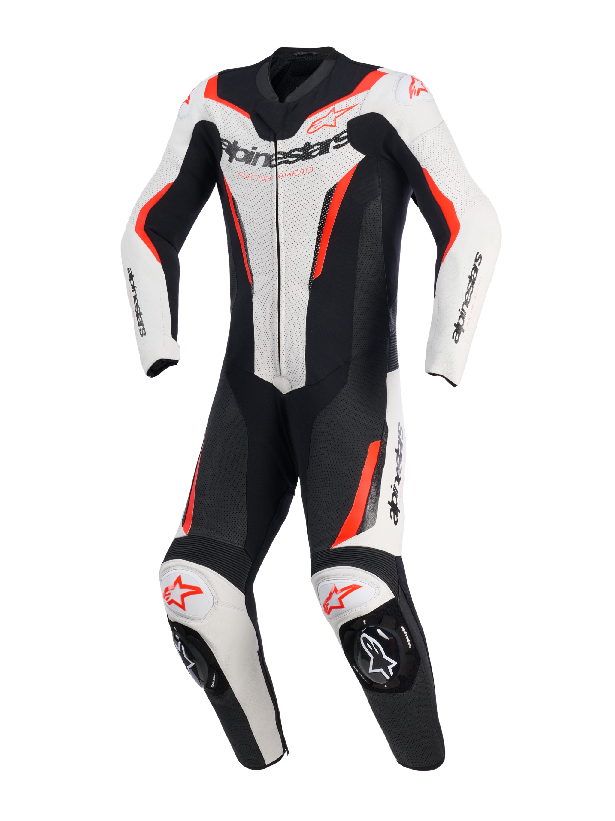 Alpinestars GP Force V2 Leather Suit - 1Piece, White Black and Red Fluo, one-piece motorcycle racing suit, front view, featuring perforated leather panels, Alpinestars branding on the chest and shoulders, and integrated knee sliders.