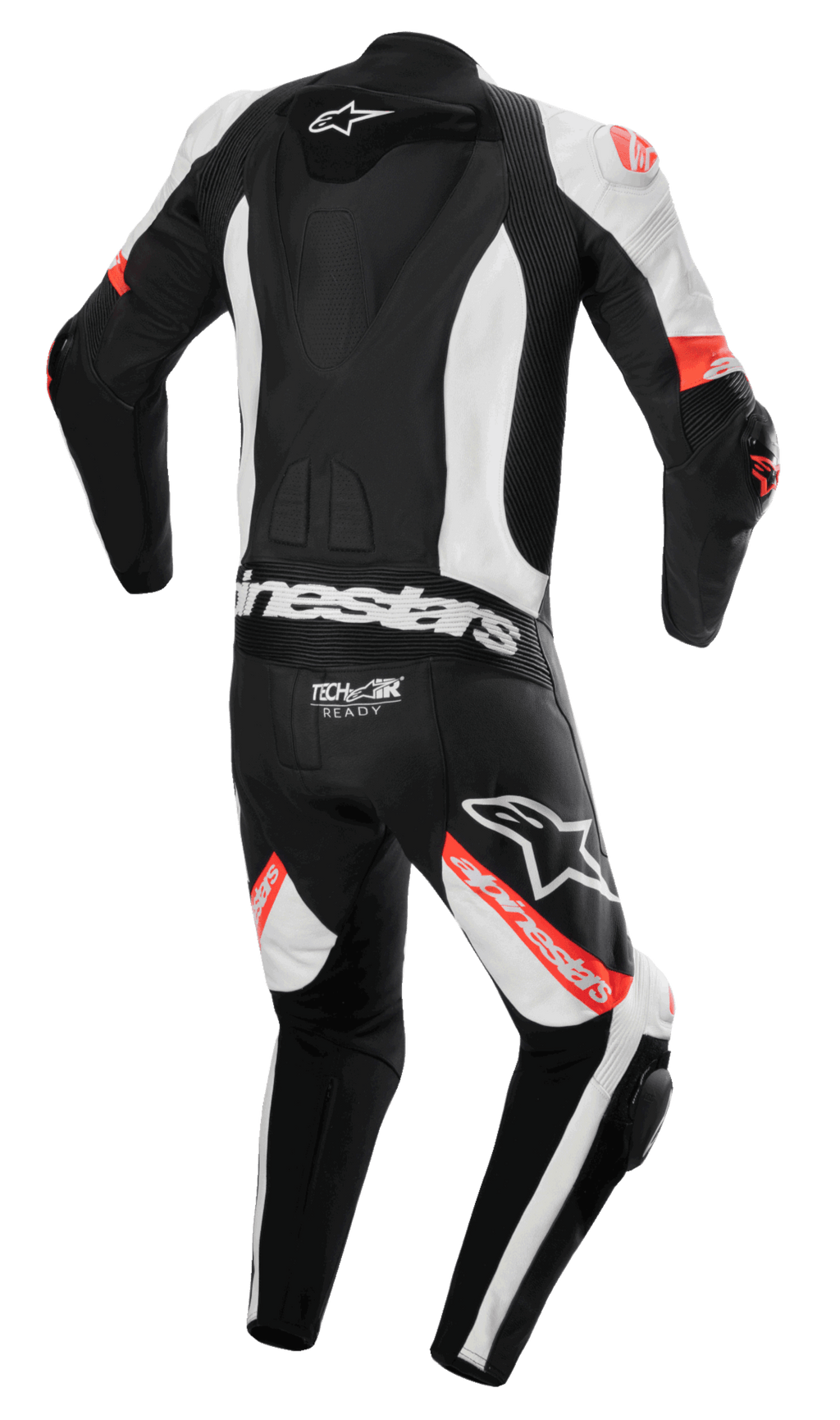 Alpinestars Missile V2 Ward 1-Piece Leather Suit, Motorcycle Suit, Black White and Red Fluo, rear view featuring aerodynamic speed hump, Tech-Air Ready logo on lower back, accordion stretch zones, and bold Alpinestars branding on legs and back