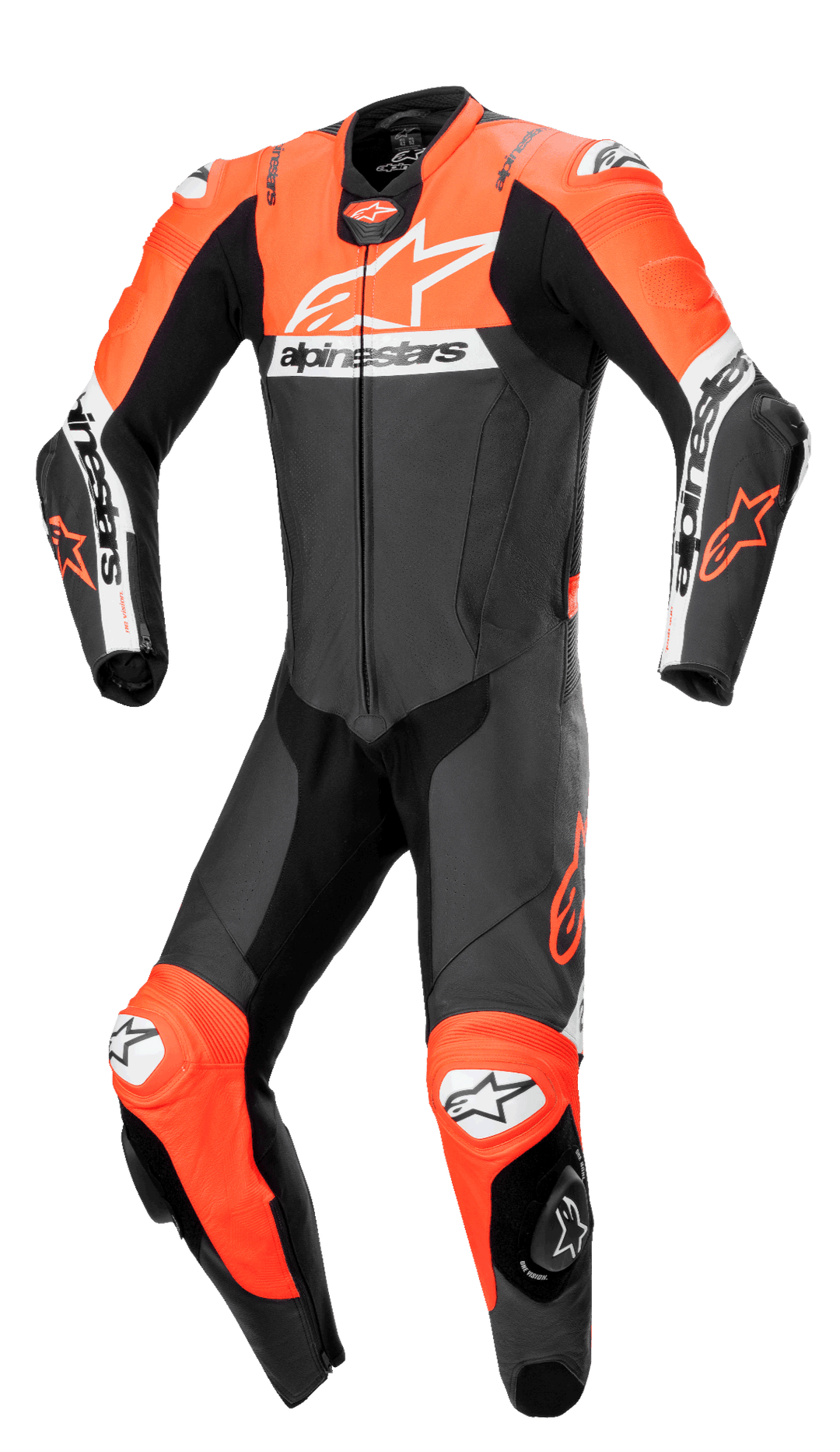 Alpinestars Missile V2 Ward 1-Piece Leather Suit, professional motorcycle racing suit in Black, Red Fluo, and White, featuring a large white chest logo, perforated leather panels, accordion stretch zones on the knees, and integrated protective sliders for track performance.