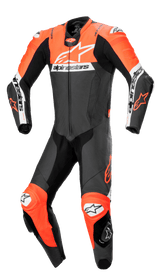 Alpinestars Missile V2 Ward 1-Piece Leather Suit, professional motorcycle racing suit in Black, Red Fluo, and White, featuring a large white chest logo, perforated leather panels, accordion stretch zones on the knees, and integrated protective sliders for track performance.