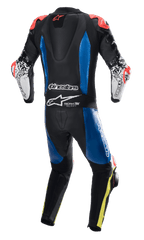 Alpinestars GP Tech V4 Leather Suit, One-Piece Leather Racing Suit, Black with Blue panels and Fluo Red accents, back view showing aerodynamic hump and Tech-Air Ready branding, white sleeves with black graphics and Fluo Yellow leg details, professional racing gear for track performance.