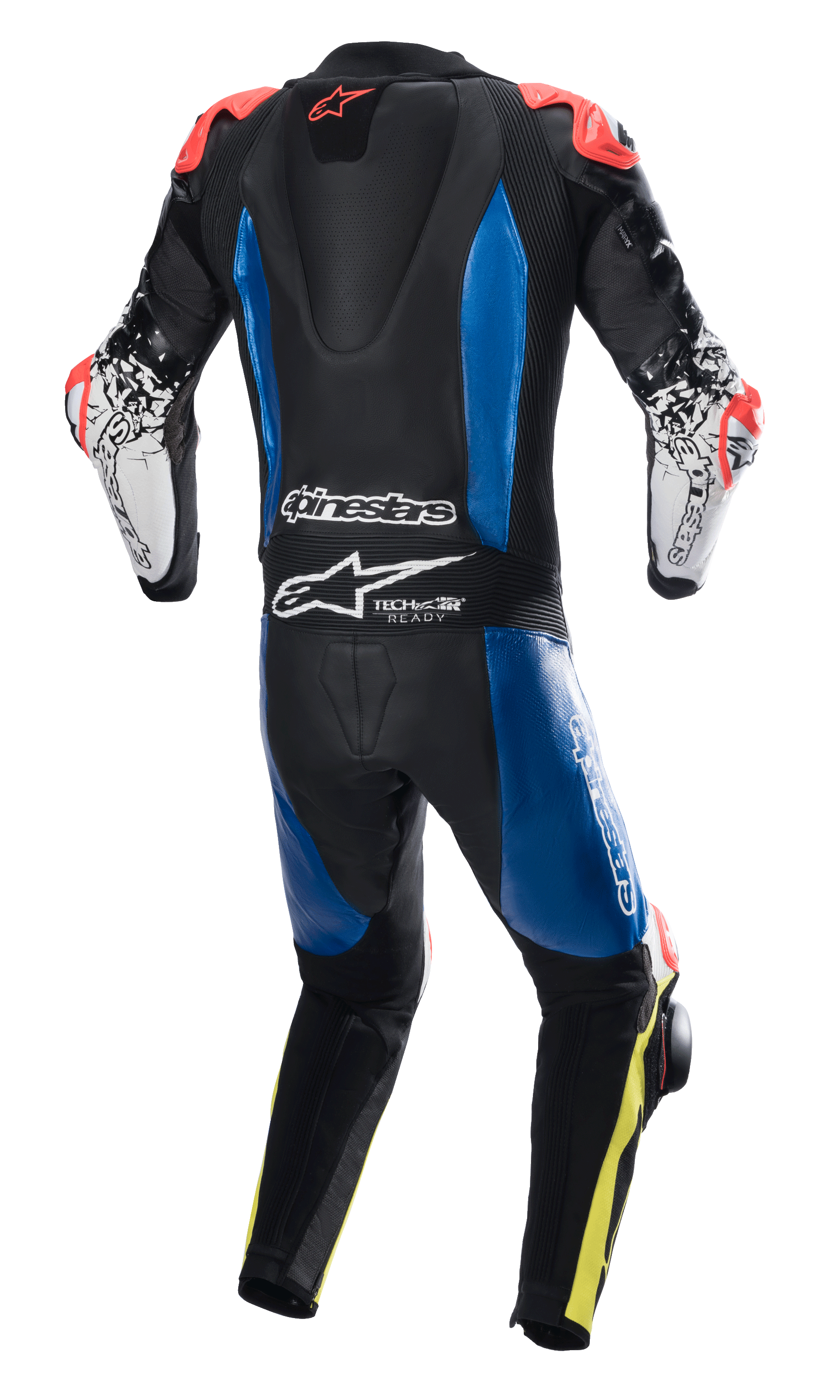 Alpinestars GP Tech V4 Leather Suit, One-Piece Leather Racing Suit, Black with Blue panels and Fluo Red accents, back view showing aerodynamic hump and Tech-Air Ready branding, white sleeves with black graphics and Fluo Yellow leg details, professional racing gear for track performance.