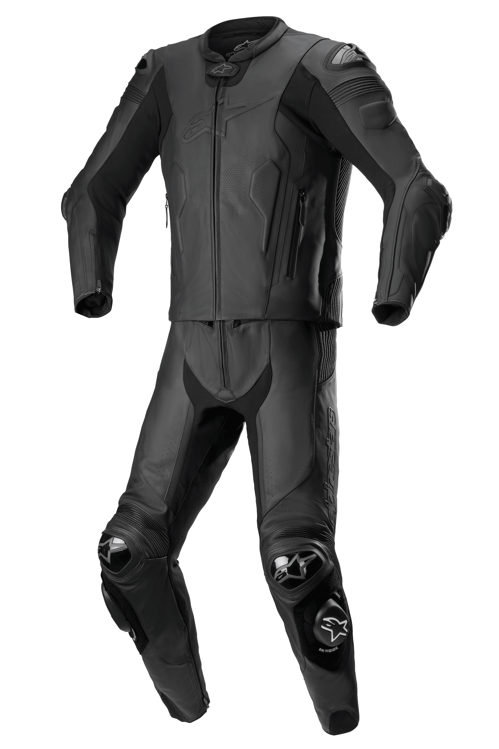Alpinestars Missile V2 2-Piece Leather Suit, Black, Motorcycle Racing Suit, reinforced shoulders, elbows and knees with protective sliders, aerodynamic design with zippered jacket and pants, premium leather construction with textured panels