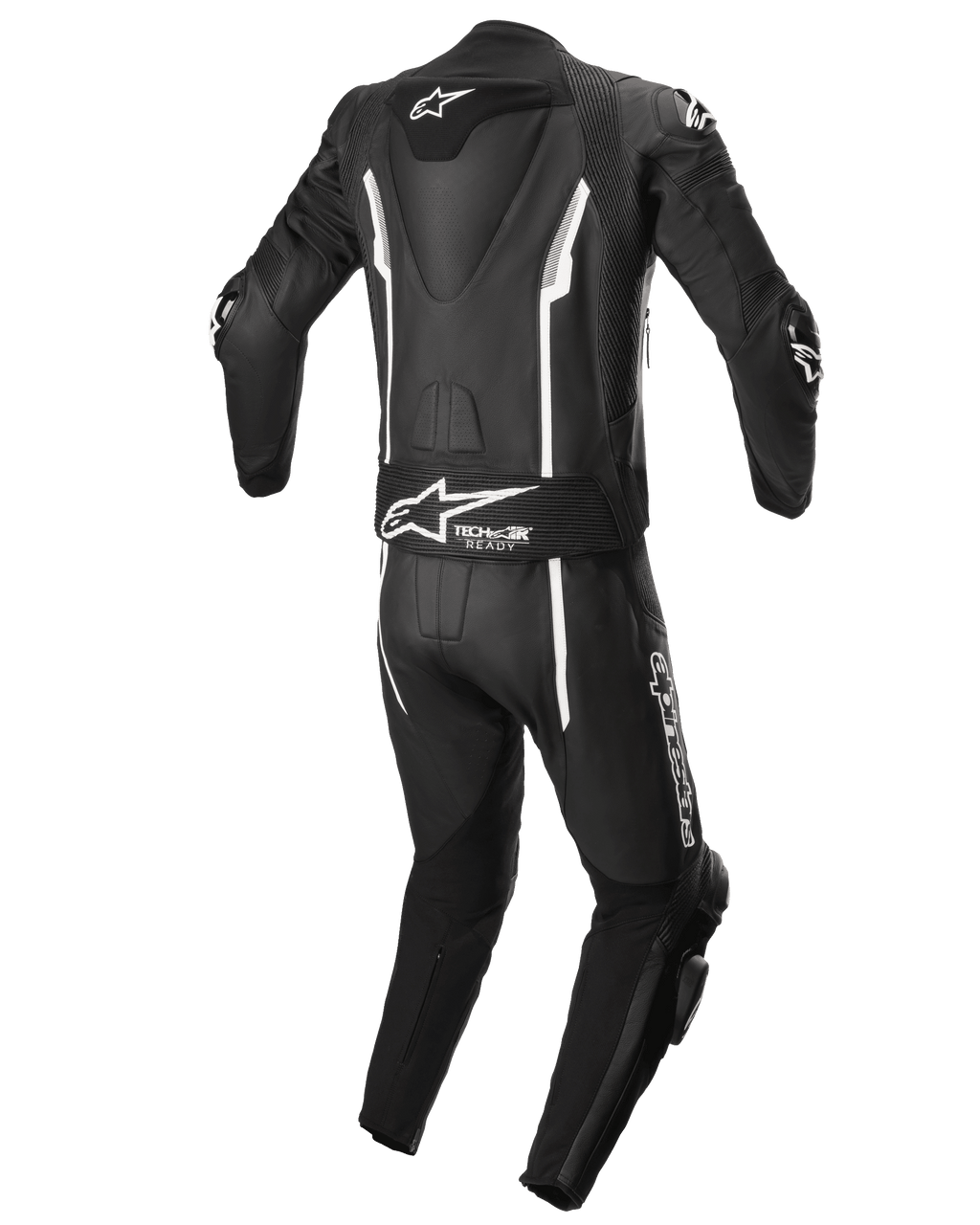 Alpinestars Missile V2 2-Piece Leather Suit, Motorcycle Racing Suit, Black and White, Rear view featuring aerodynamic hump, Tech-Air Ready stretch panel, white linear accents, and Alpinestars branding on the lower back and leg
