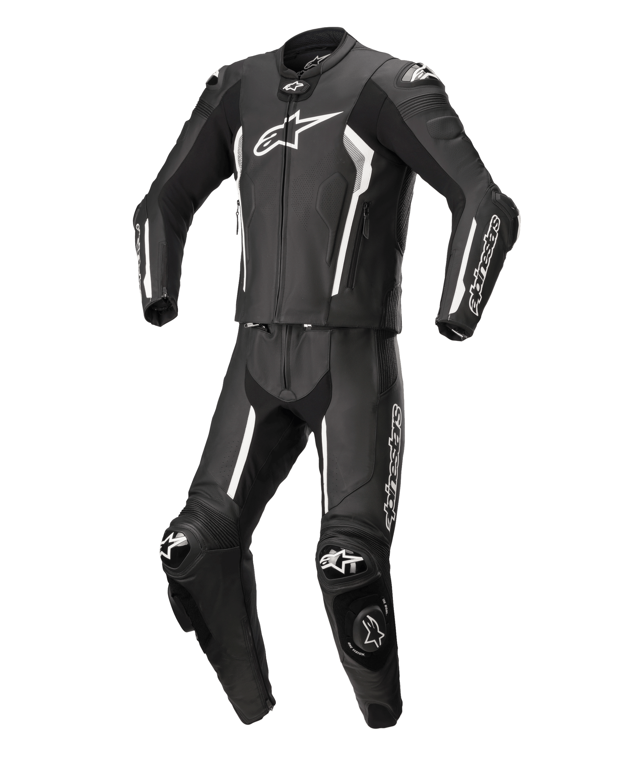 Alpinestars Missile V2 2-Piece Leather Suit, Black and White, professional motorcycle racing suit, premium leather construction with white accents and logos, featuring protective armor and knee sliders, sleek aerodynamic design