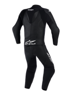 Alpinestars GP Force V2 2-Piece Leather Suit, Motorcycle Suit, Black, Back view featuring aerodynamic speed hump and perforated leather panels, Alpinestars branding and Tech-Air Ready logo on lower back, engineered for high-performance track riding