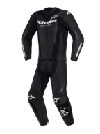 Alpinestars GP Force V2 2-Piece Leather Suit, Black, front view, perforated leather panels, white Alpinestars logos on chest and sleeves, integrated knee sliders, performance track and sport riding gear