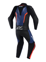 Alpinestars GP Force V2 Leather Suit 2-Piece, Rear View, Black with Blue and Red Fluo accents, professional motorcycle racing suit featuring an aerodynamic speed hump, white Tech-Air Ready branding on the waist, perforated leather panels, and accordion stretch zones for enhanced mobility.