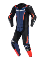 Alpinestars GP Force V2 Leather Suit 2-Piece, Black Blue and Red Fluo, professional motorcycle racing suit with perforated leather panels, integrated knee sliders, and bold branding on chest and sleeves