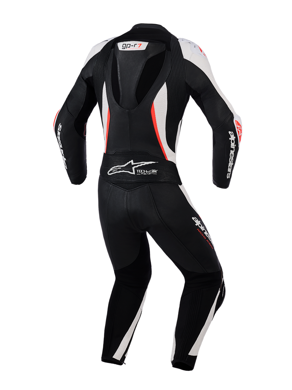Alpinestars Woman Stella GP-R7 Leather Suit - 2Piece, Back View, Black White and Red Fluo, featuring an aerodynamic hump, accordion stretch panels, and perforated leather for professional racing performance.