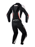 Alpinestars Woman Stella GP-R7 Leather Suit - 2Piece, Back View, Black White and Red Fluo, featuring an aerodynamic hump, accordion stretch panels, and perforated leather for professional racing performance.