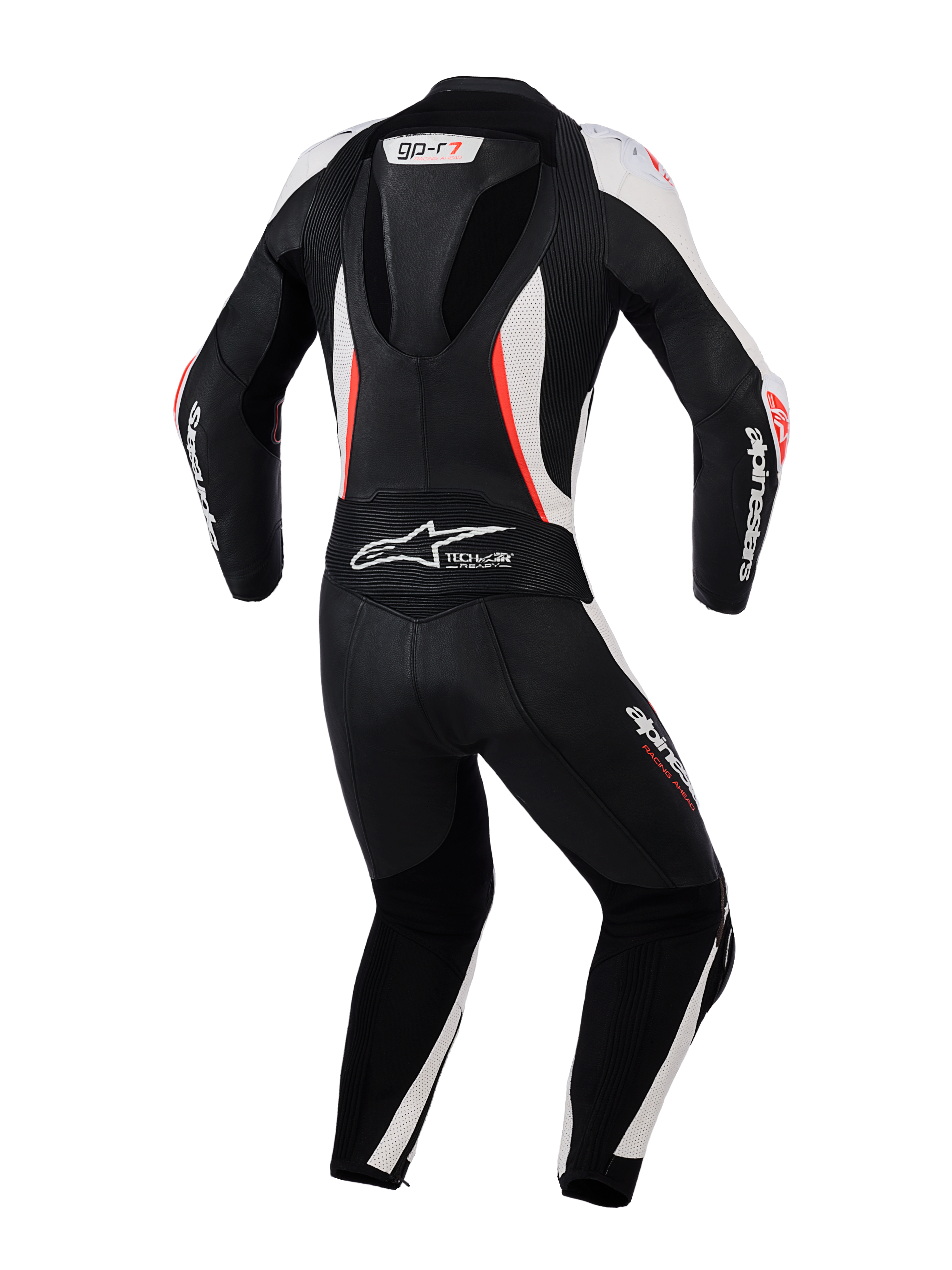 Alpinestars Woman Stella GP-R7 Leather Suit - 2Piece, Back View, Black White and Red Fluo, featuring an aerodynamic hump, accordion stretch panels, and perforated leather for professional racing performance.