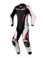 Alpinestars Woman Stella GP-R7 2-Piece Leather Suit, Women's Motorcycle Racing Suit, Black White and Red Fluo, featuring perforated leather panels, integrated armor at shoulders and knees, aerodynamic design, and bold branding on the chest and legs