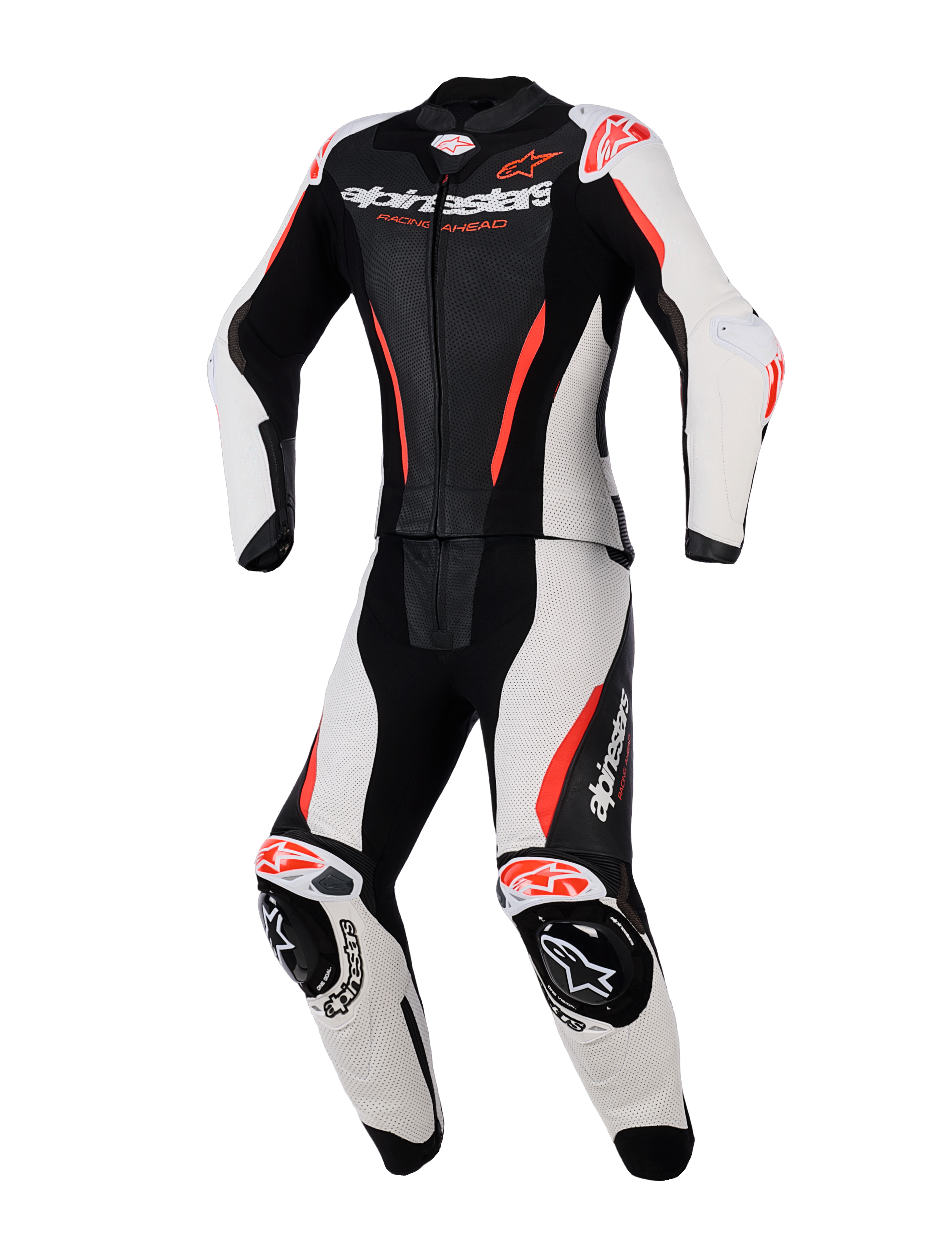 Alpinestars Woman Stella GP-R7 2-Piece Leather Suit, Women's Motorcycle Racing Suit, Black White and Red Fluo, featuring perforated leather panels, integrated armor at shoulders and knees, aerodynamic design, and bold branding on the chest and legs