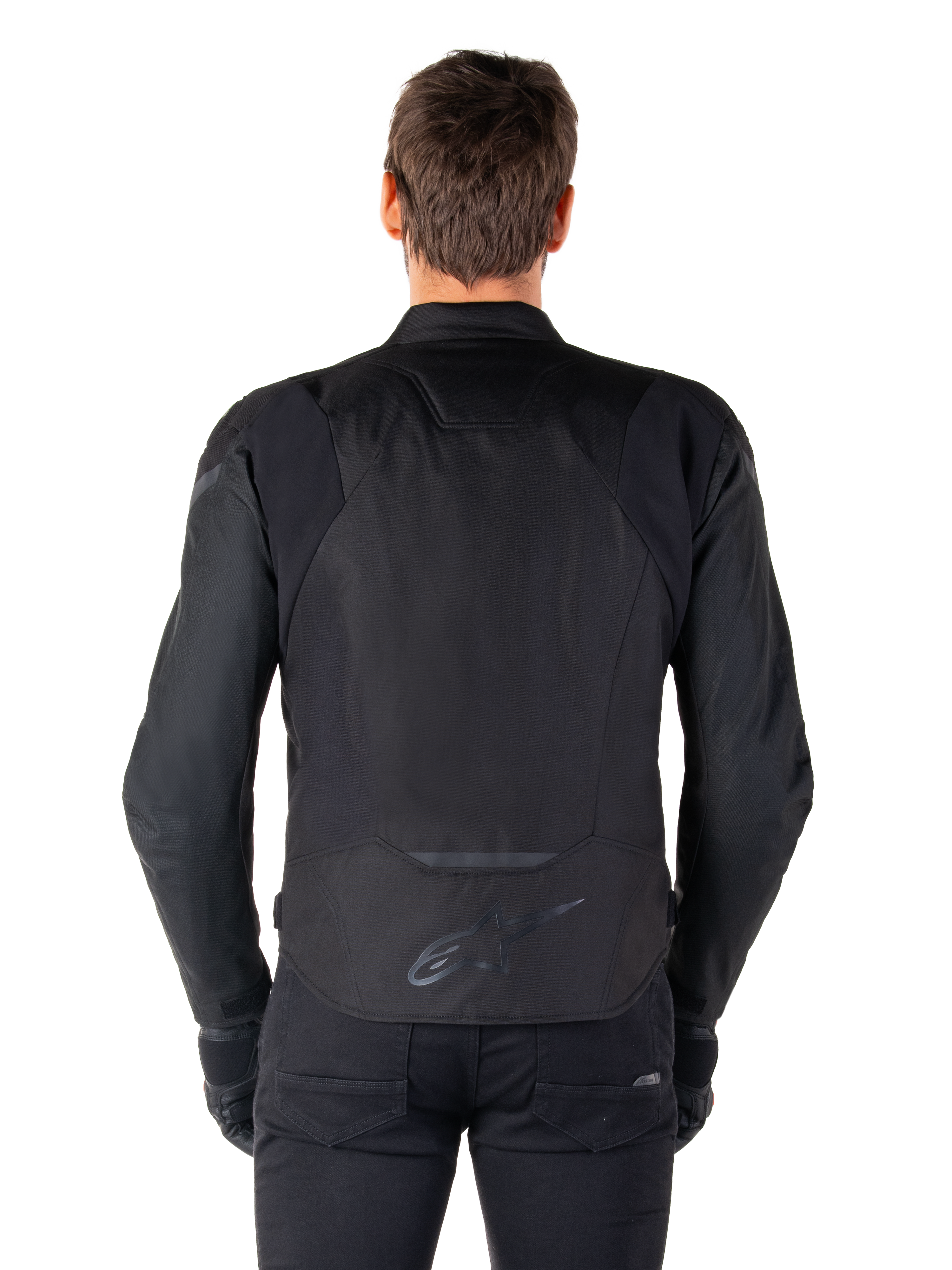 Alpinestars T-Jaws V4 Waterproof Jacket, Textile Motorcycle Jacket, Black Black, Rear view showing Alpinestars logo on the lower back, sporty fit for road riding