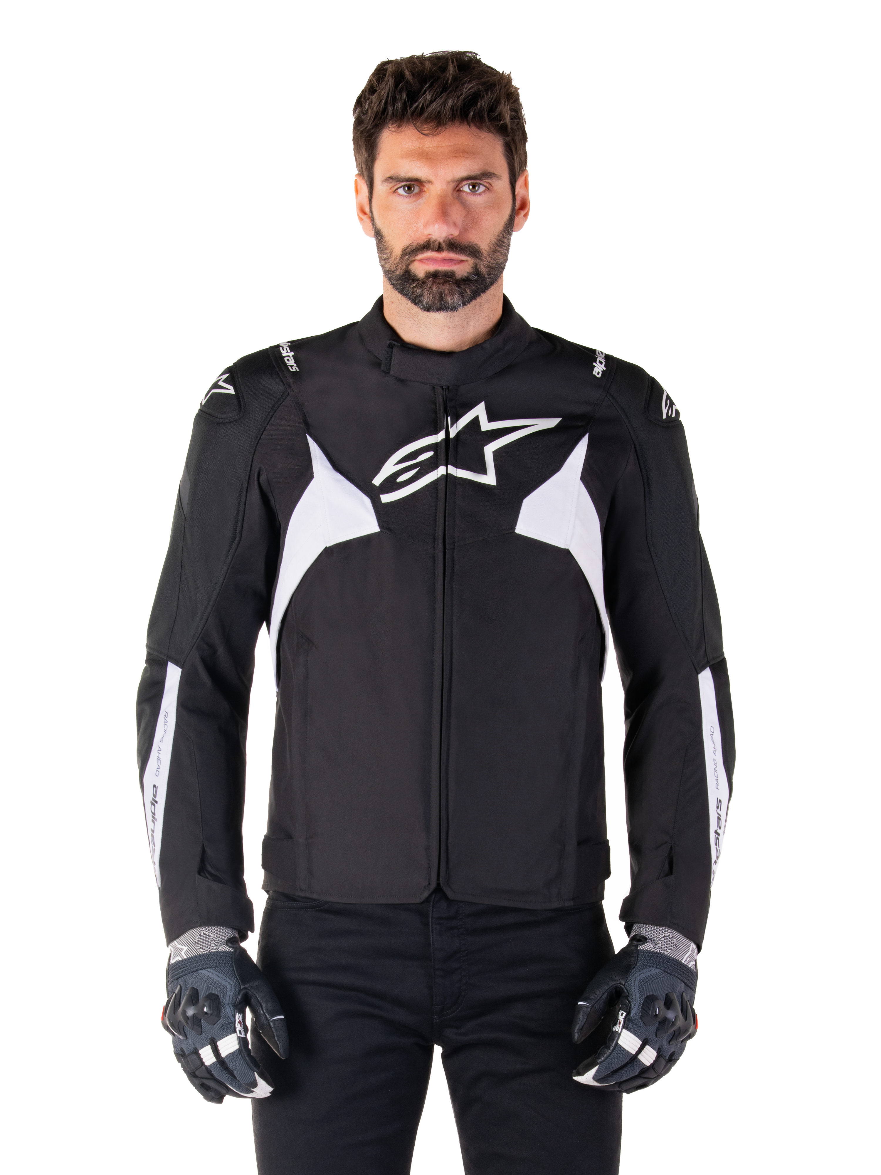 Alpinestars T-Jaws V4 Waterproof Jacket, Black and White, men's sport textile motorcycle jacket, featuring a white star logo on the chest, white shoulder accents, and white forearm stripes, high collar, athletic fit for road riding