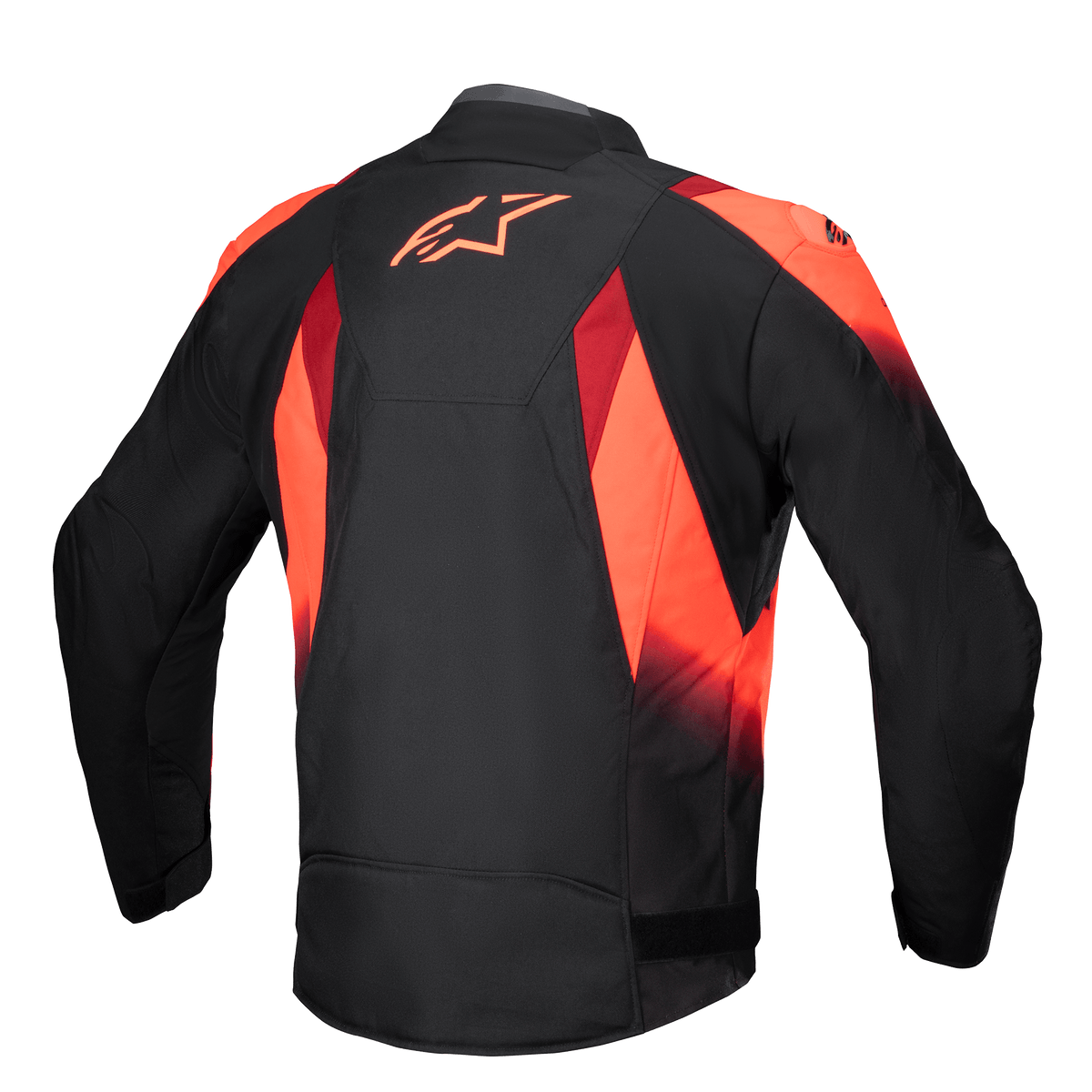 Alpinestars T-SP 1 V2 Waterproof Jacket, rear view, Black and Red Fluo, textile motorcycle jacket featuring a bold red Astars logo on the upper back, sublimated graphics, and a sport tailored silhouette