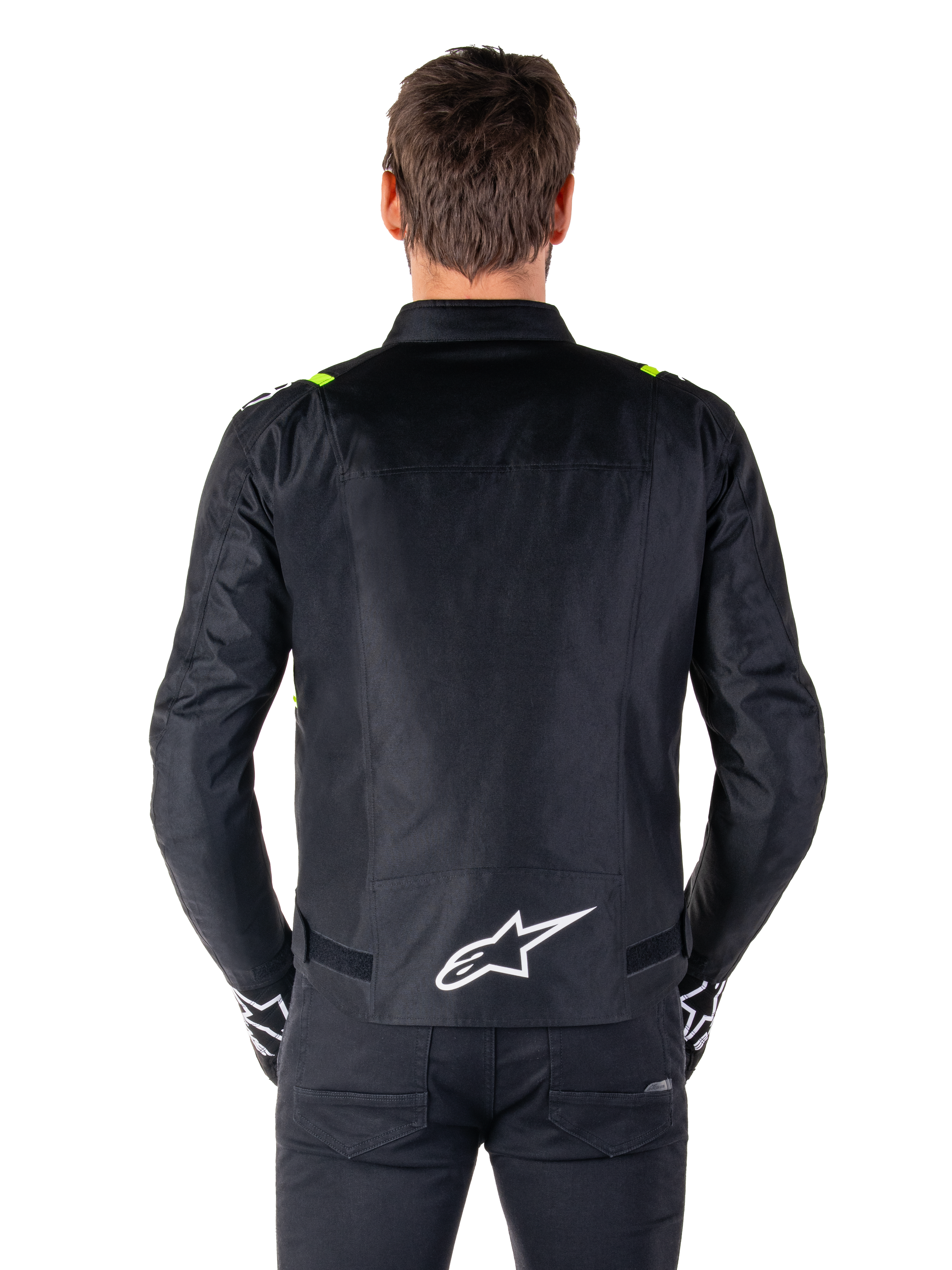 Alpinestars T-SPS V2 Waterproof Jacket, Back View, Black with Yellow Fluo accents on shoulders and white star logo on the lower back, Textile motorcycle jacket with a sport silhouette, Worn by male model.