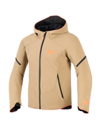 Alpinestars Aeroshell Waterproof Jacket, Dark Khaki with Black and Orange Fluo accents, sports softshell hoodie style, technical motorcycle riding gear featuring orange trim and chest logo
