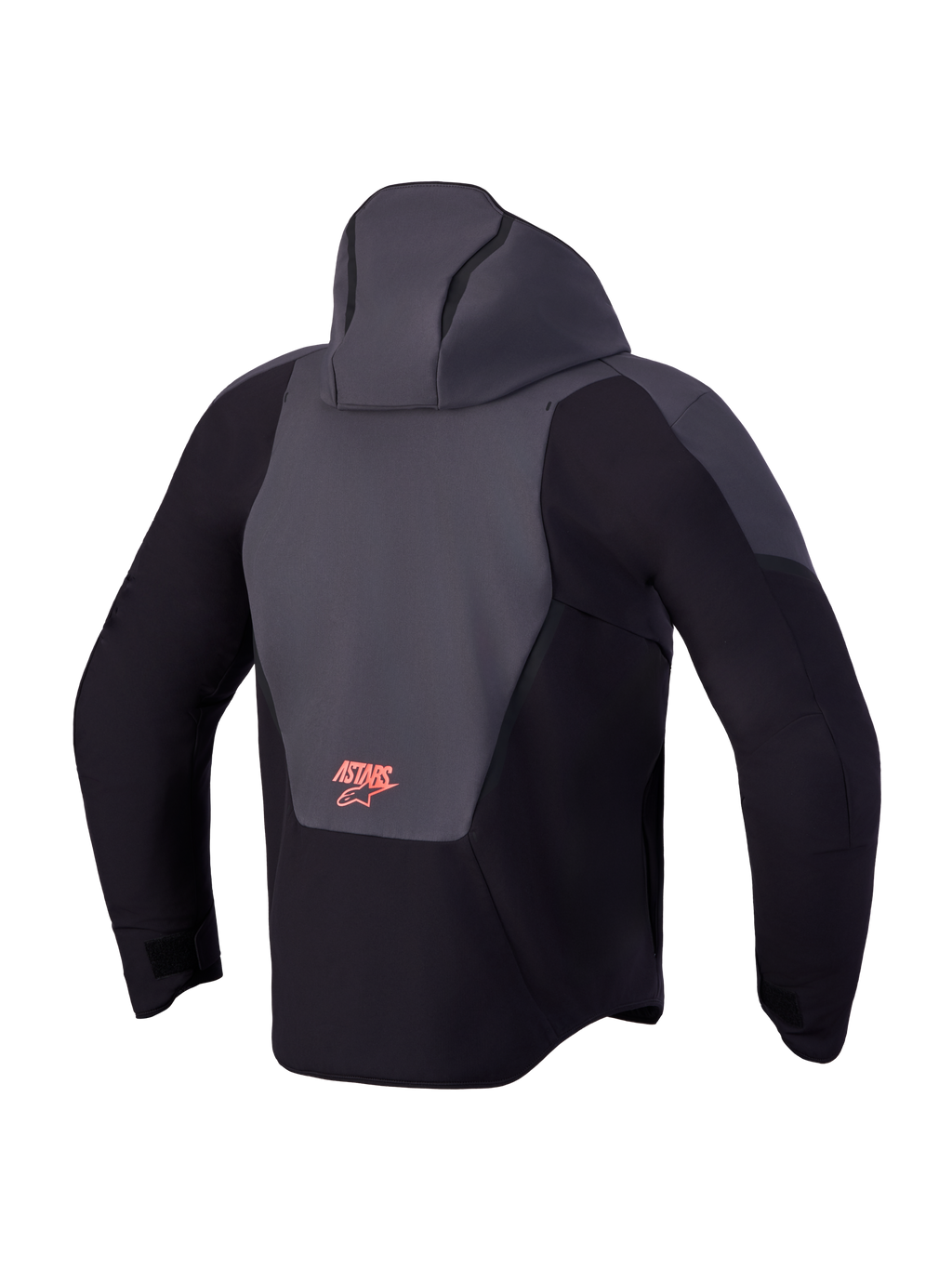 Alpinestars Aeroshell Waterproof Jacket, Men's motorcycle sports softshell jacket in Black and Dark Gray, back view featuring an open-slot hood and Astars logo branding
