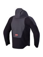 Alpinestars Aeroshell Waterproof Jacket, Men's motorcycle sports softshell jacket in Black and Dark Gray, back view featuring an open-slot hood and Astars logo branding