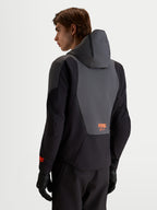 Alpinestars Aeroshell Waterproof Jacket, Men's Motorcycle Sport Softshell in Black and Dark Gray, featuring an integrated hood and back panel detail