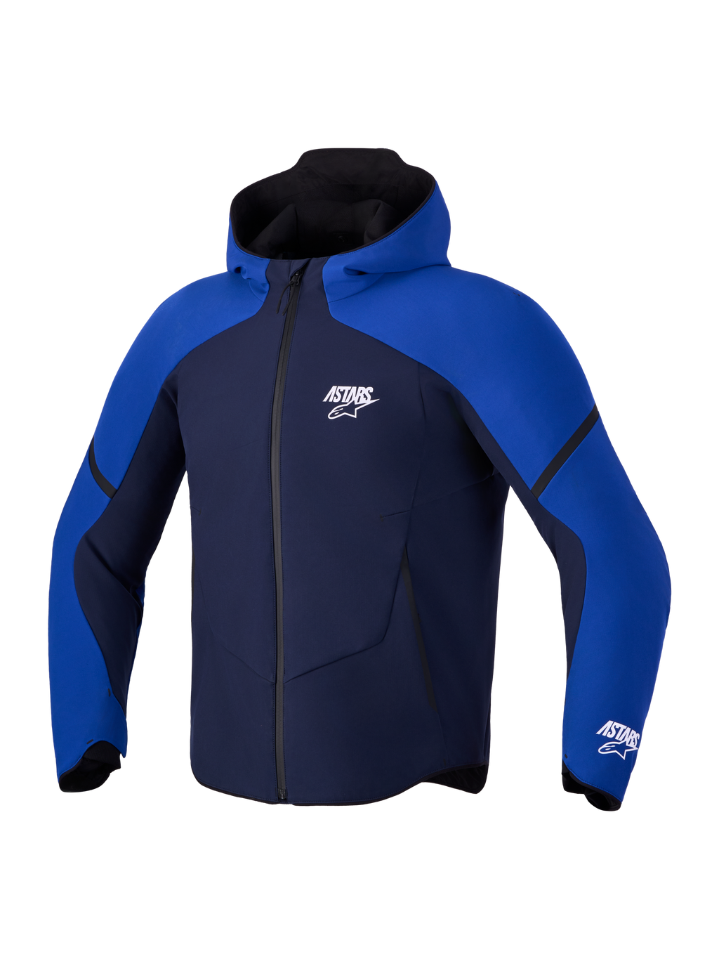 Alpinestars Aeroshell Waterproof Jacket, Men's Night Navy and Bright Blue motorcycle sports softshell jacket with integrated hood and white Astars logo