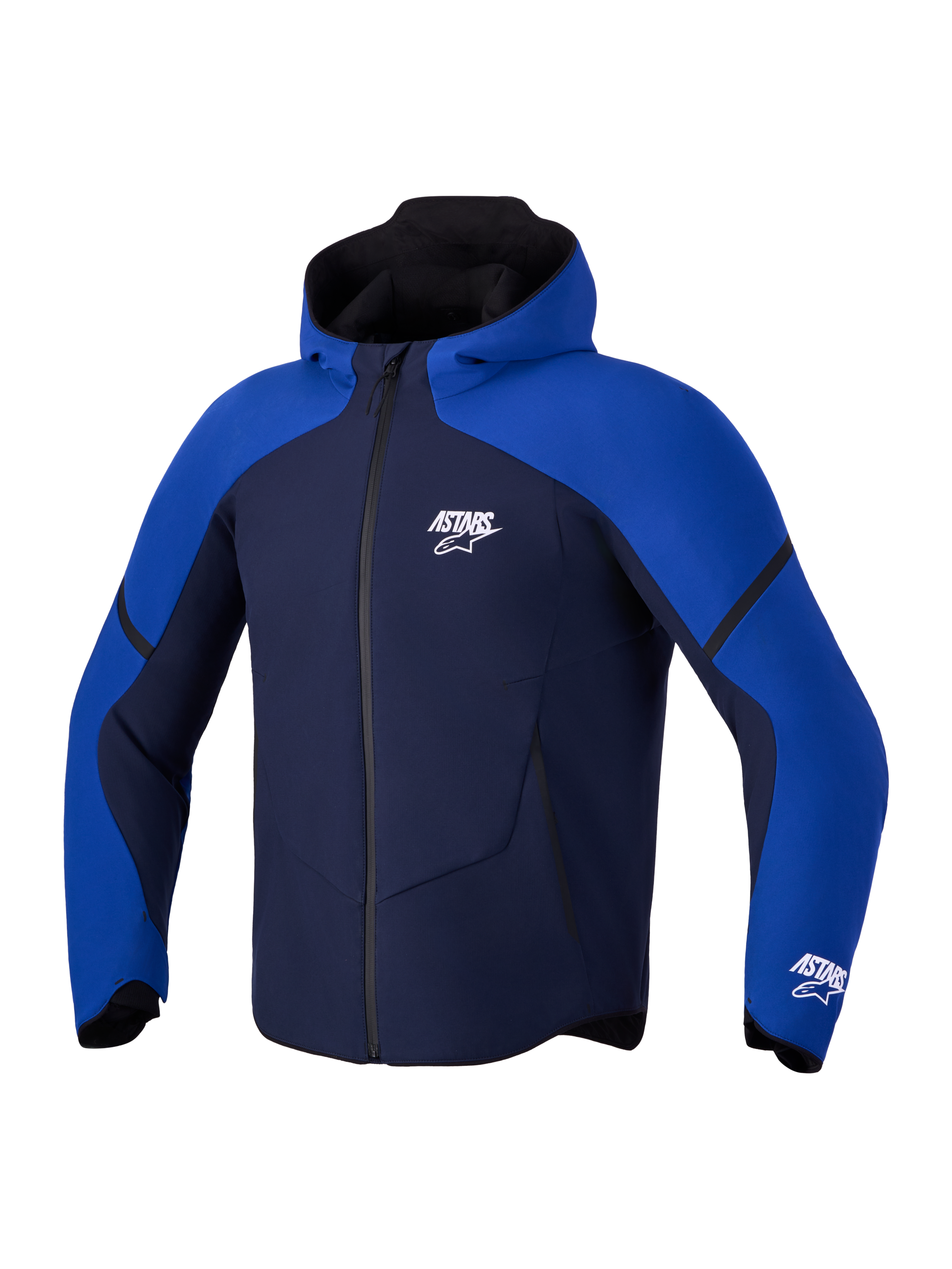 Alpinestars Aeroshell Waterproof Jacket, Men's Night Navy and Bright Blue motorcycle sports softshell jacket with integrated hood and white Astars logo