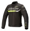Alpinestars T-SP S Ignition Waterproof Jacket, textile motorcycle jacket, Black with Yellow Fluo and White accents, featuring bold Alpinestars branding and 'Racing Ahead' text on the chest, a neon yellow horizontal stripe, and a sleek racing-inspired design.