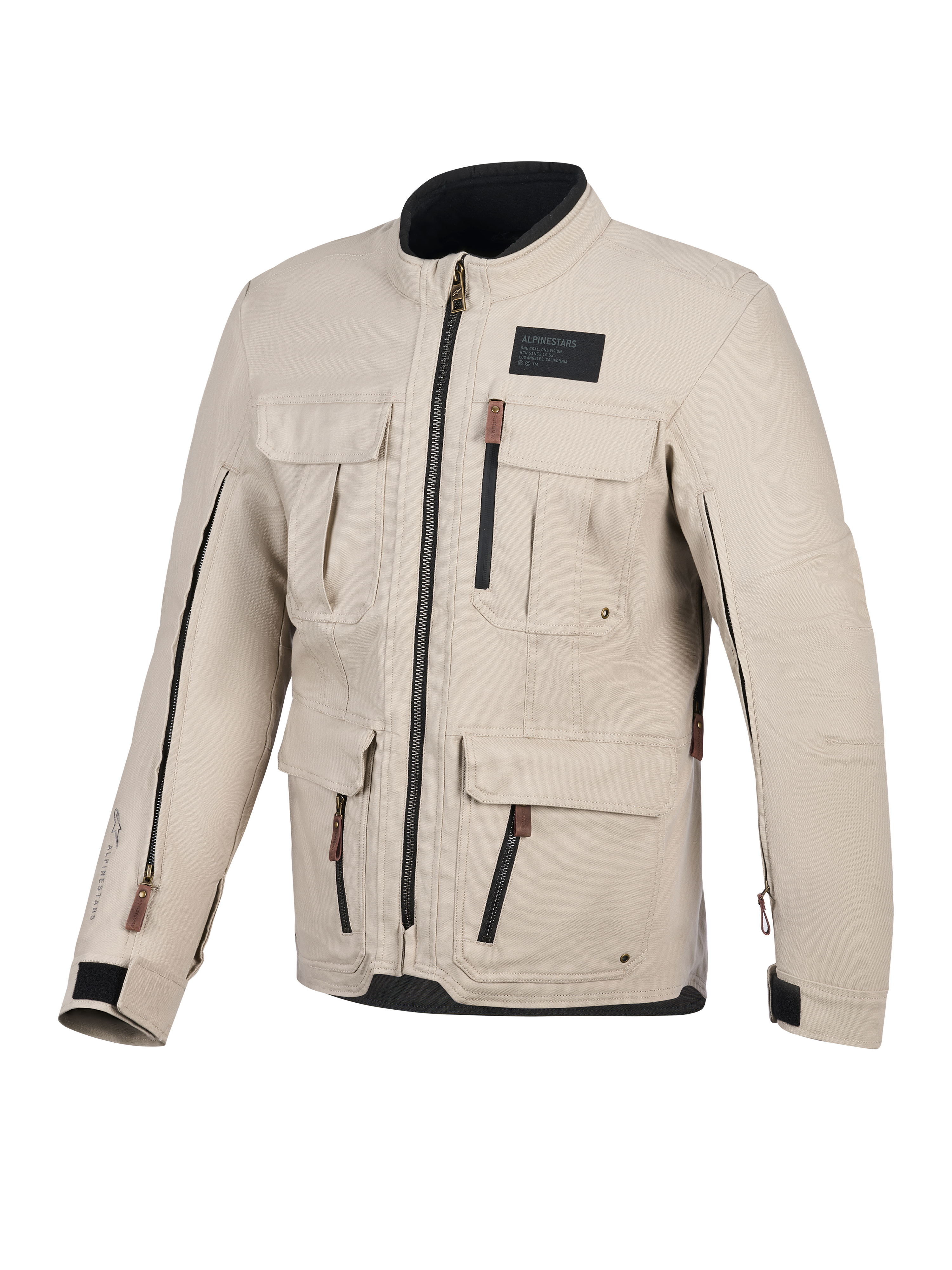 Alpinestars Borrego Drystar® Jacket, Motorcycle Jacket, Warm Gray, front view featuring multiple cargo pockets, black zippers with brown pull tabs, waxed-canvas texture, and a black branding patch on the chest.
