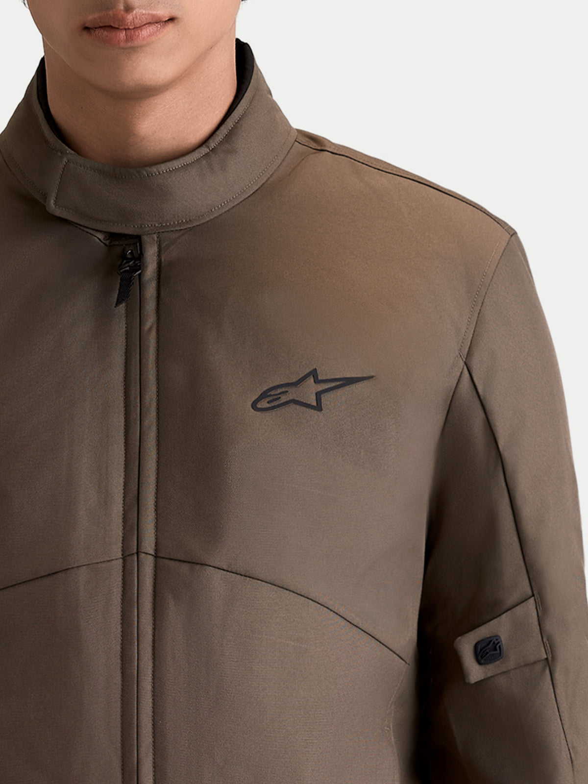 Alpinestars C-1 Waterproof Jacket, men's urban motorcycle textile jacket in walnut black, close-up view showing the soft-finish collar and Astar logo branding