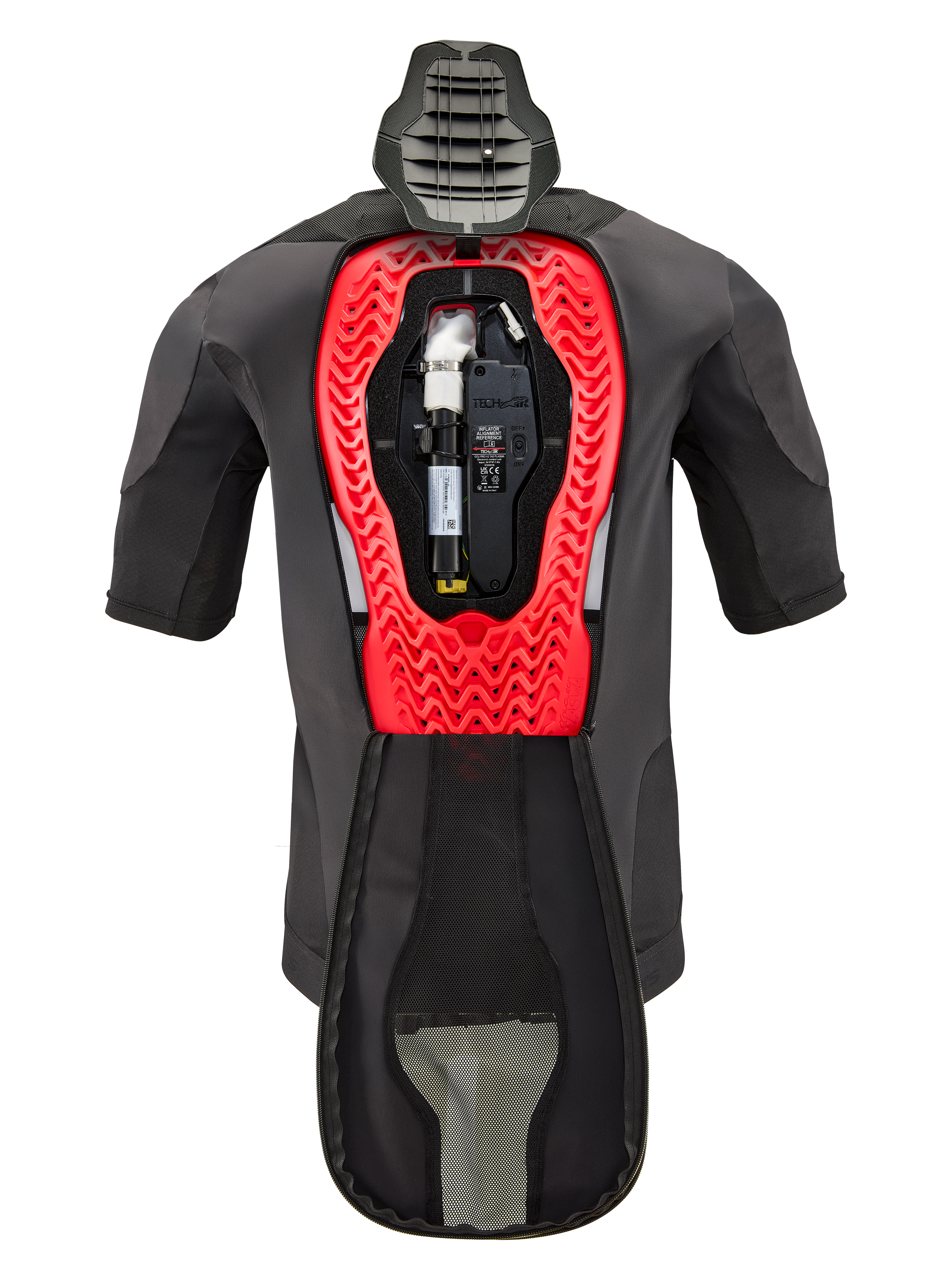 Alpinestars Tech-Air® 5 Plasma Airbag Replacement Canister, shown inside a Tech-Air® 5 Plasma vest, black garment with a bright red honeycomb internal frame, featuring the argon gas cylinder and electronic unit, technical motorcycle safety gear.