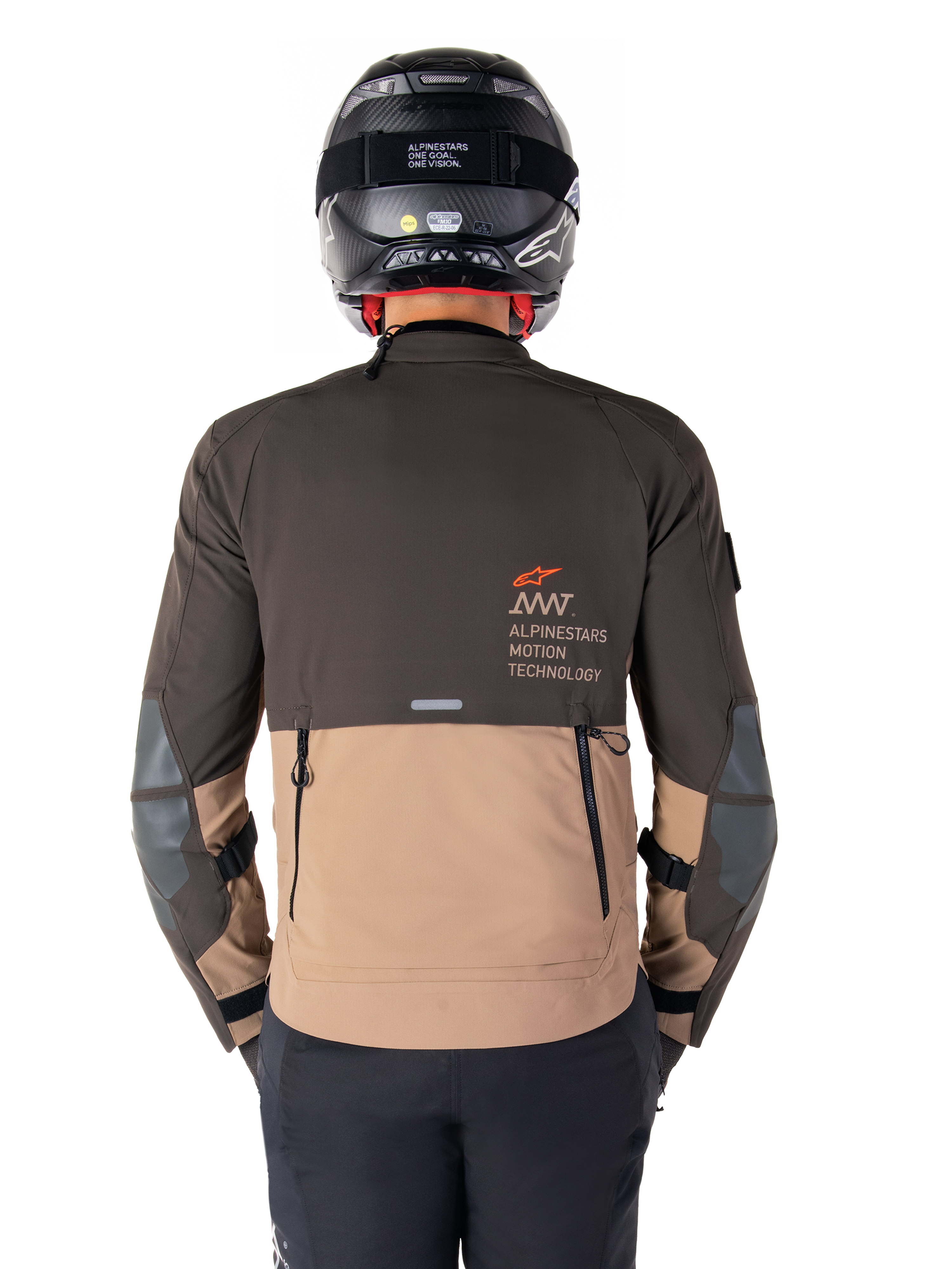 Alpinestars AMT-8 Stretch Drystar® XF Jacket, back view, Dark Brown and Dark Khaki two-tone design, featuring Alpinestars Motion Technology branding, zippered rear cargo pocket, and protective elbow panels, adventure touring motorcycle apparel