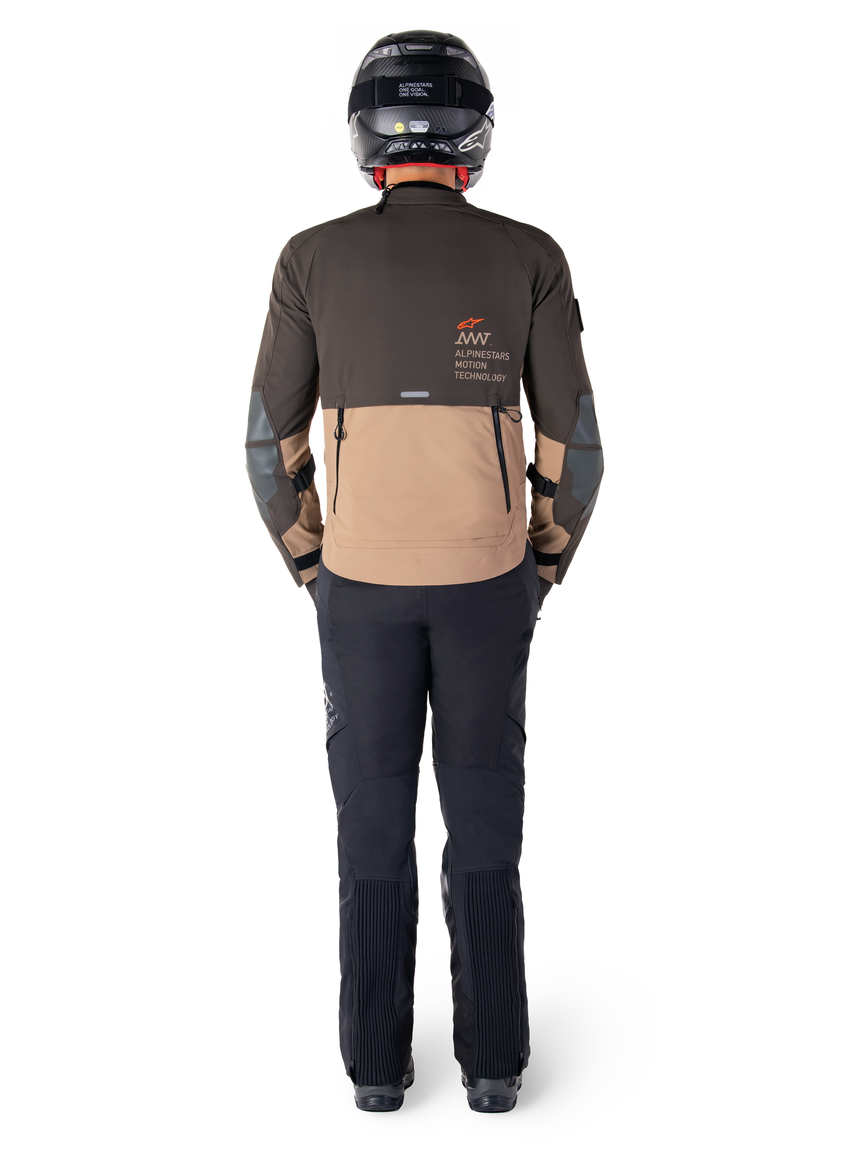 Alpinestars AMT-8 Stretch Drystar® XF Jacket, Adventure Touring Jacket, Dark Brown and Dark Khaki, rear view showing Alpinestars Motion Technology branding on the back, worn with black pants and black full-face helmet, performance stretch textile for adventure motorcycle gear